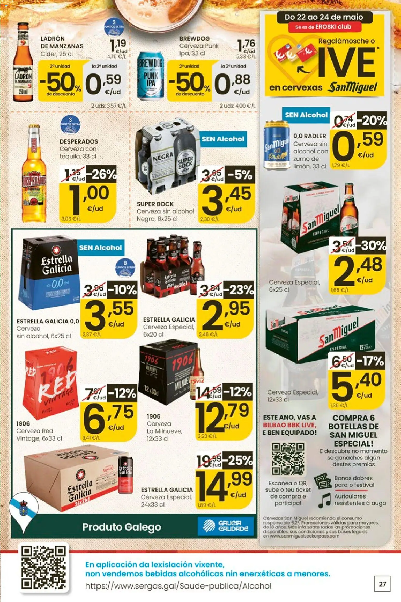 Eroski Quieres ahorrar conmigo │ válido desde el 14.05.2026 | Página: 27 | Productos: Cerveza sin alcohol, Cerveza, Ροζ πιπέρι, Παρμεζάνα