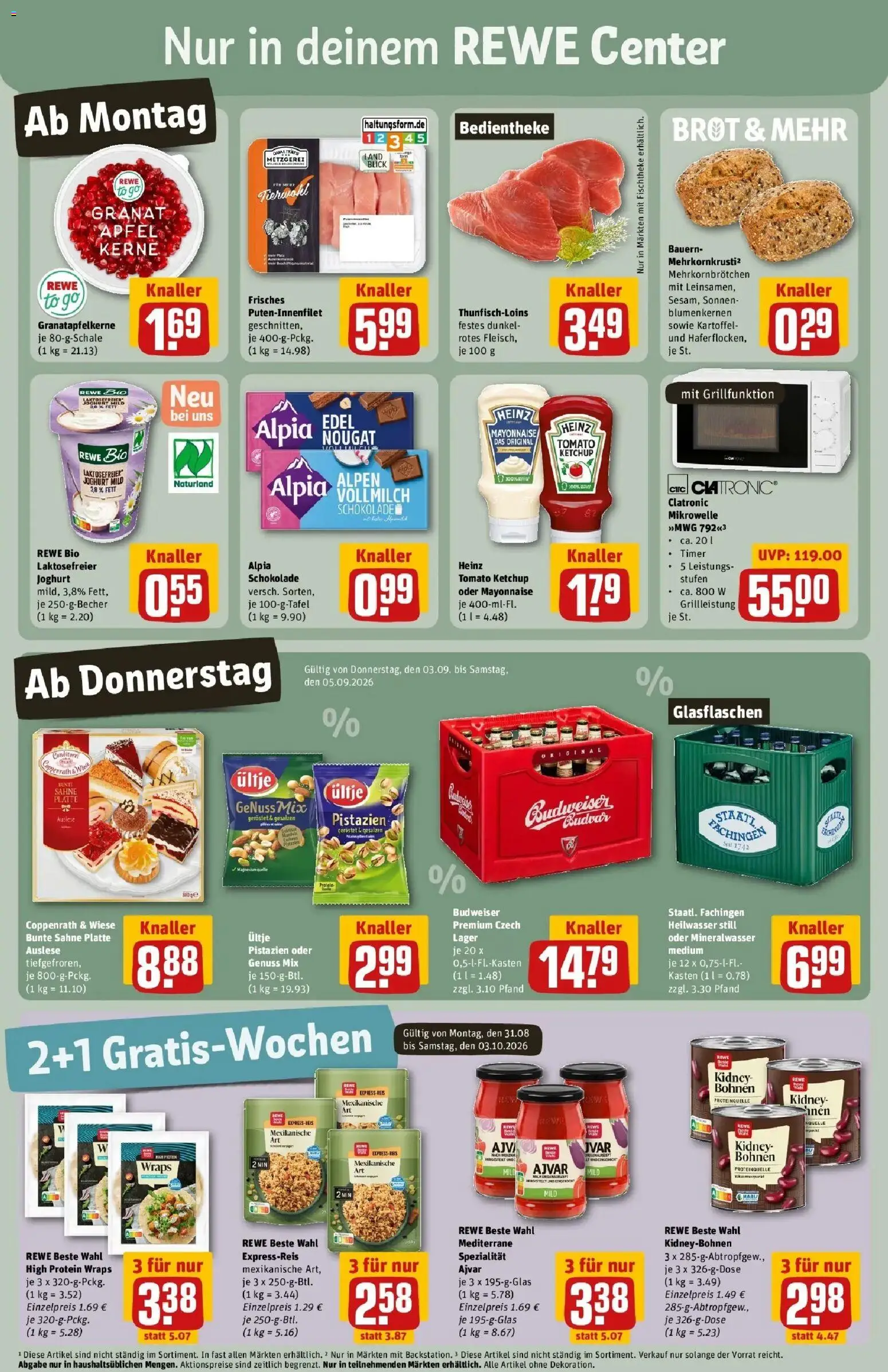 REWE Prospekt ab 31.08.2026 zum Blättern » Angebote | Seite: 3 | Produkte: Mikrowelle, Äpfel, Pistazien, Budweiser