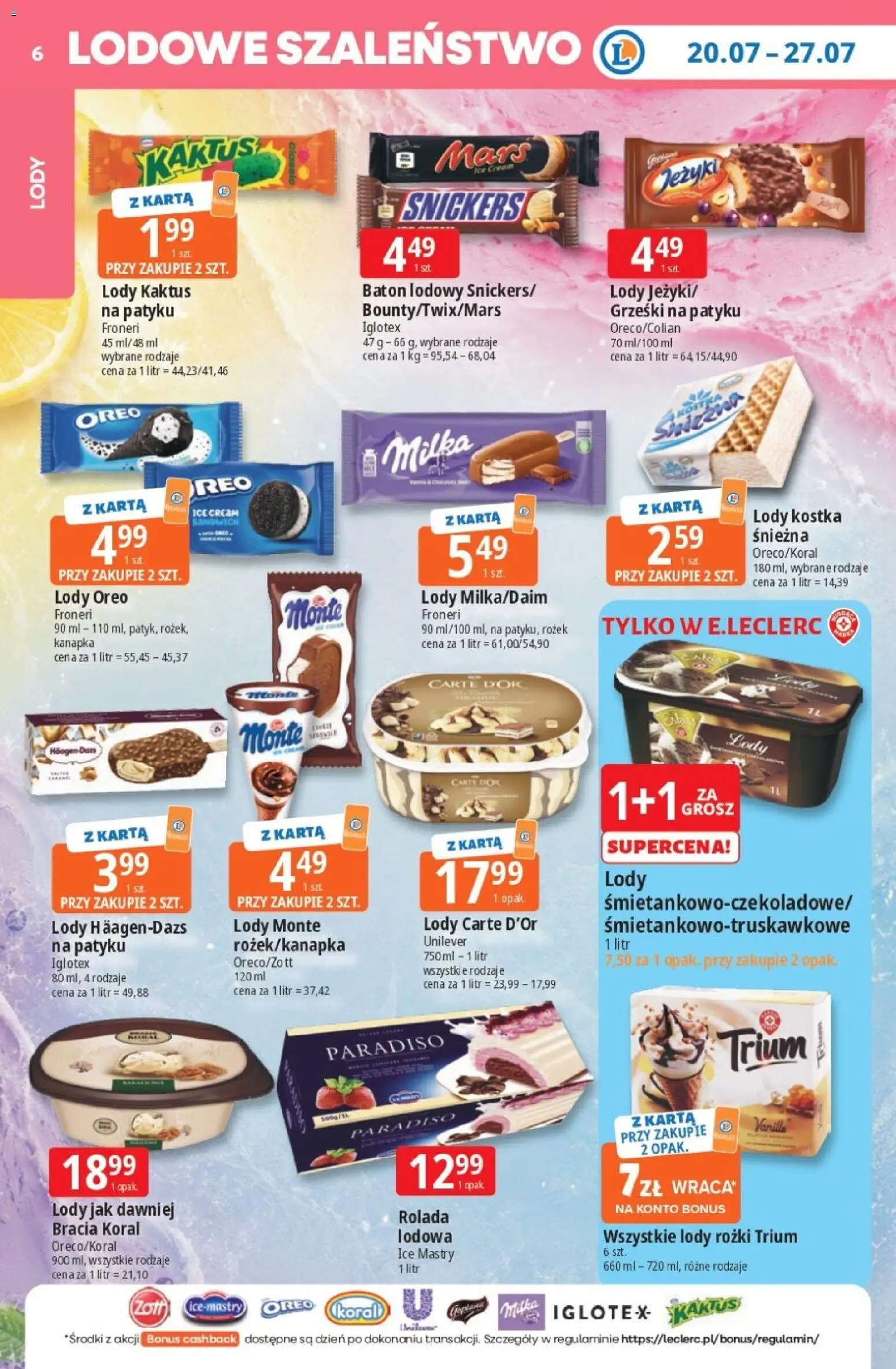 E.Leclerc gazetka od 20.07.2026 | Strona: 7 | Produkty: Karta, Milka, Lody rożki, Lody
