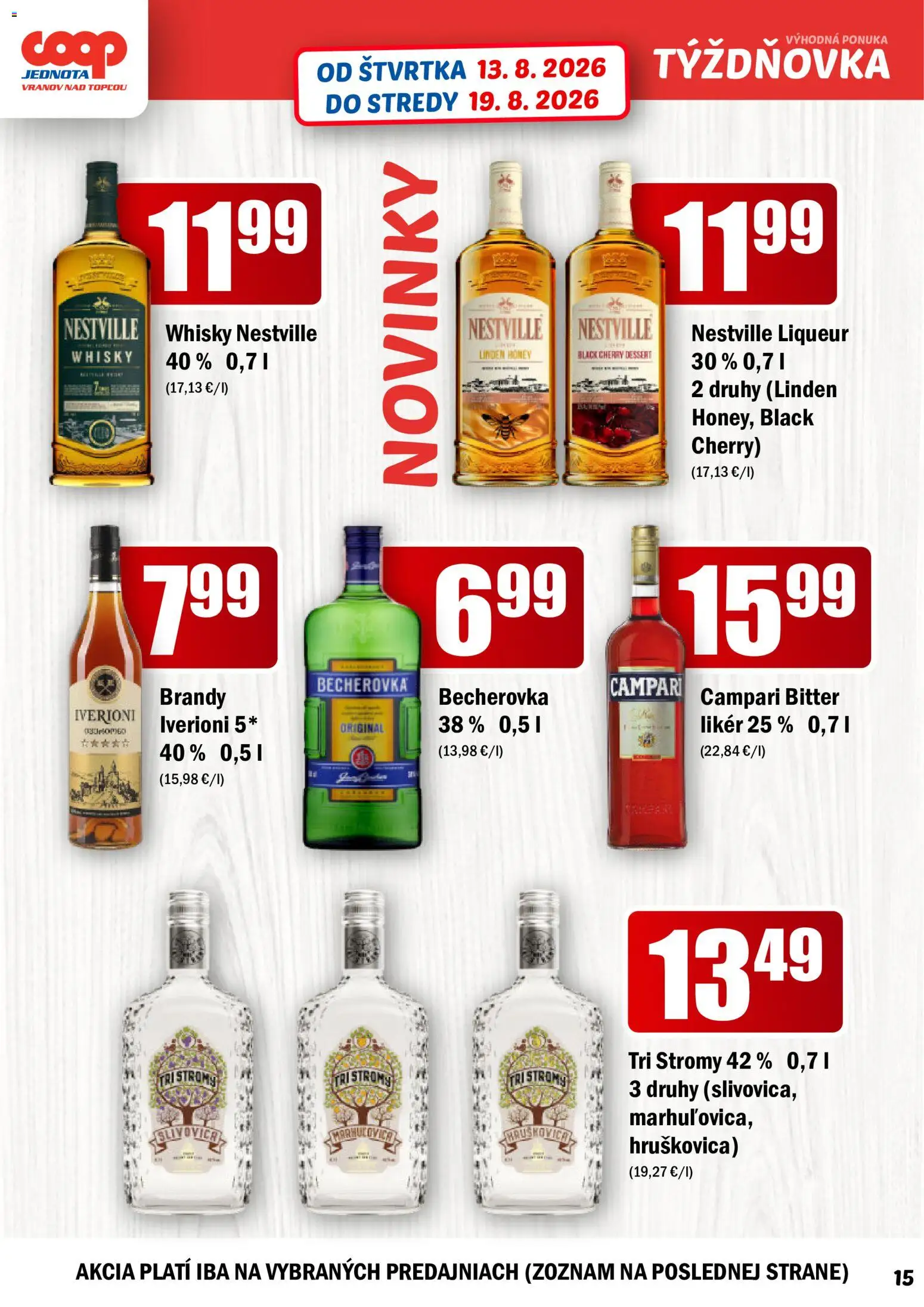 Nové COOP Jednota akcie – leták je platný od 13.08.2026 | Strana: 15 | Produkty: Becherovka, Brandy, Whisky, Campari