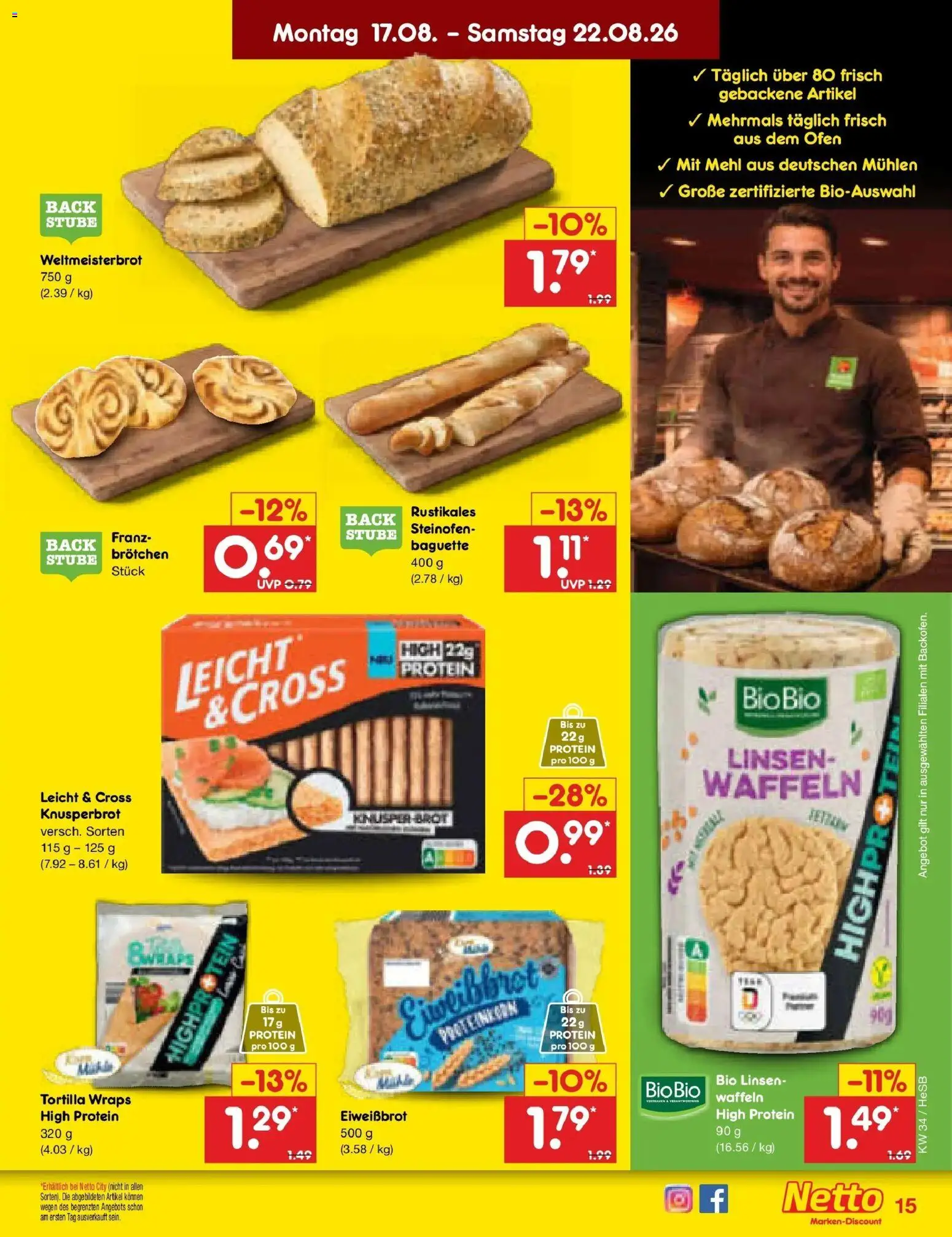 Netto Marken-Discount Prospekt Hamburg – gültig ab 17.08.2026 | Seite: 21 | Produkte: Ofen, Mehl, Baguette, Waffeln