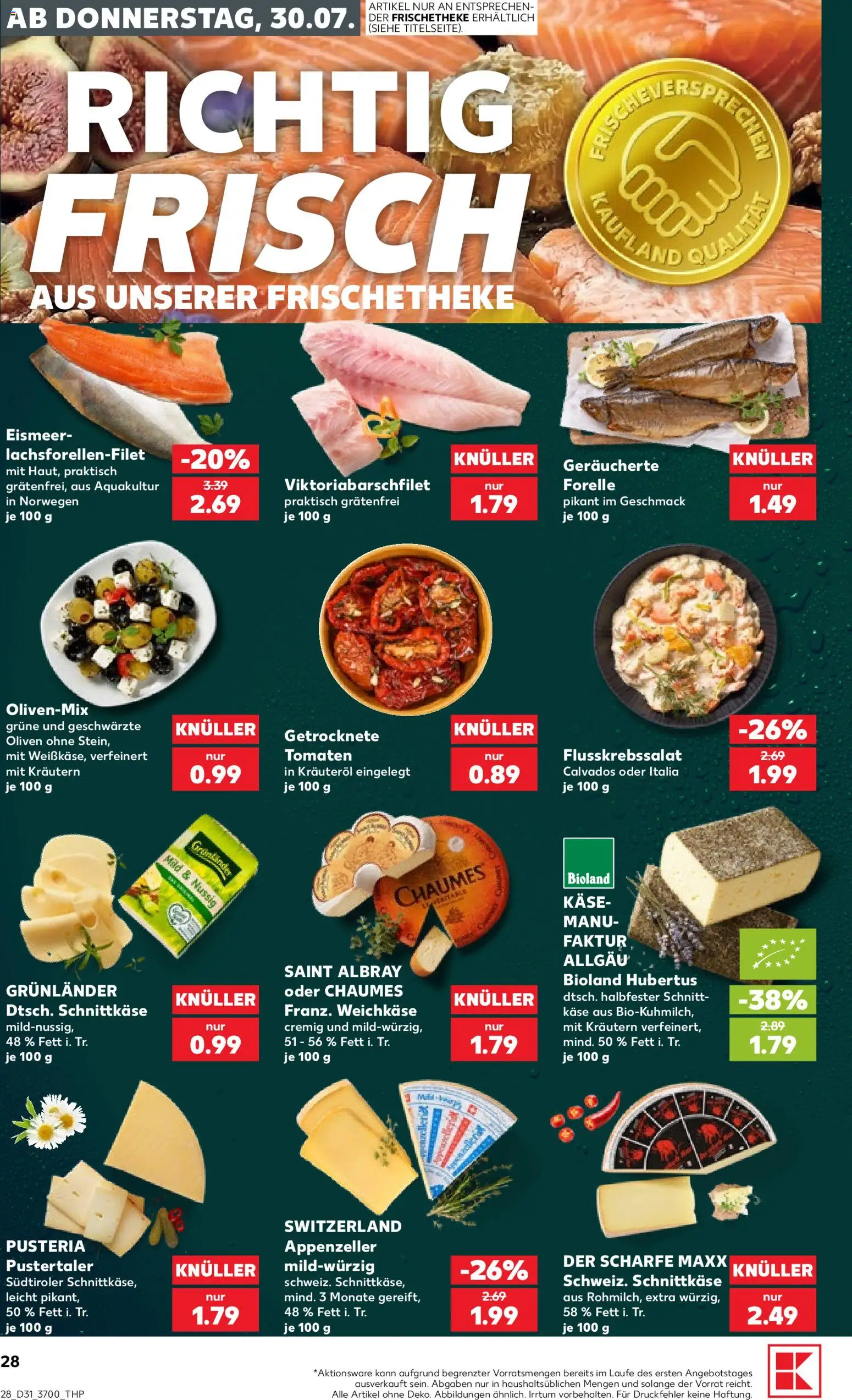 Kaufland Prospekt Rostock – gültig ab 30.07.2026 | Seite: 28 | Produkte: Käse, Tomaten, Grunlander