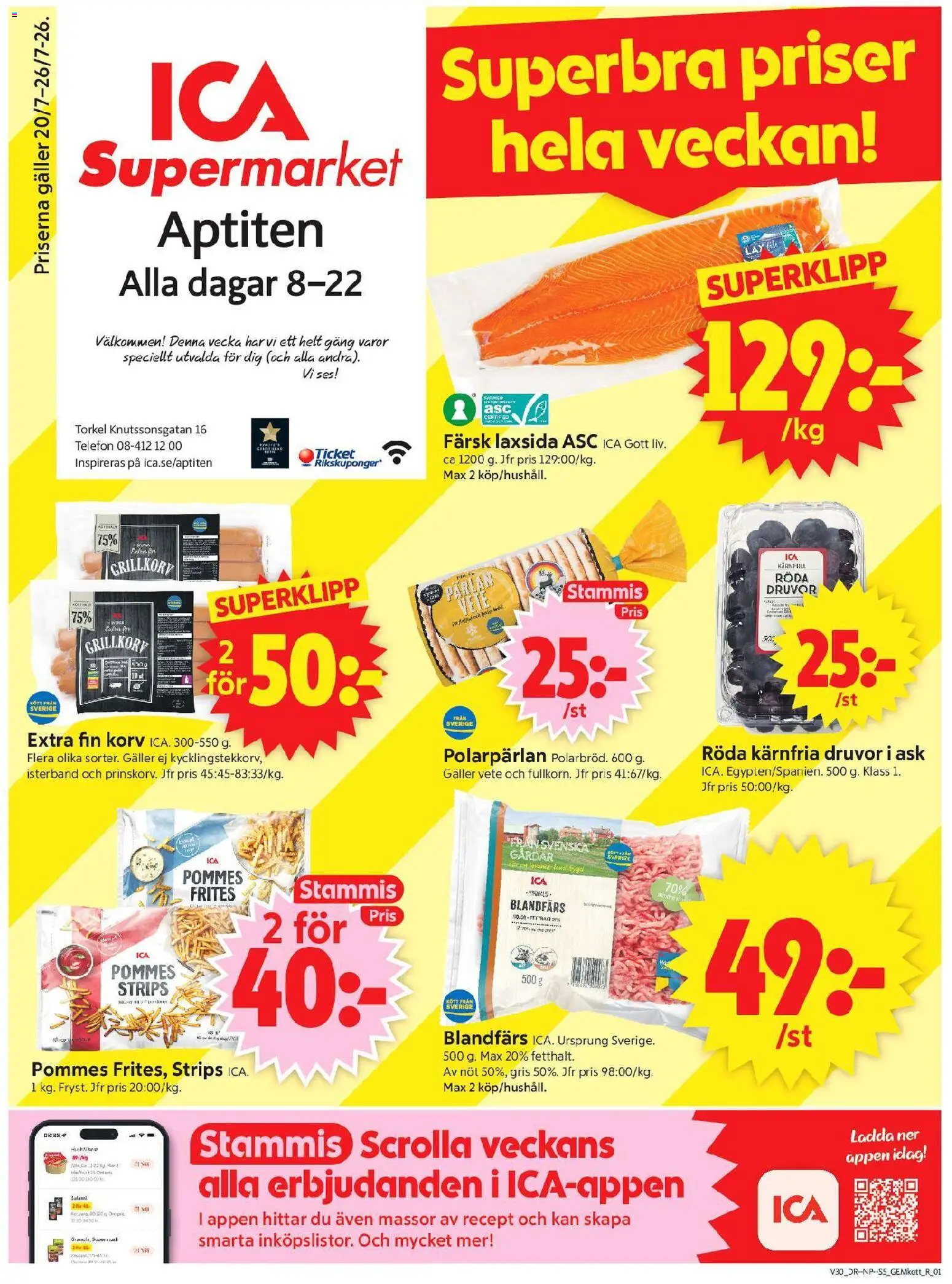 ICA Supermarket reklamblad aktuell från 20/07/2026 | Sida: 1 | Produkter: Galler, Blandfärs, Pommes frites, Telefon