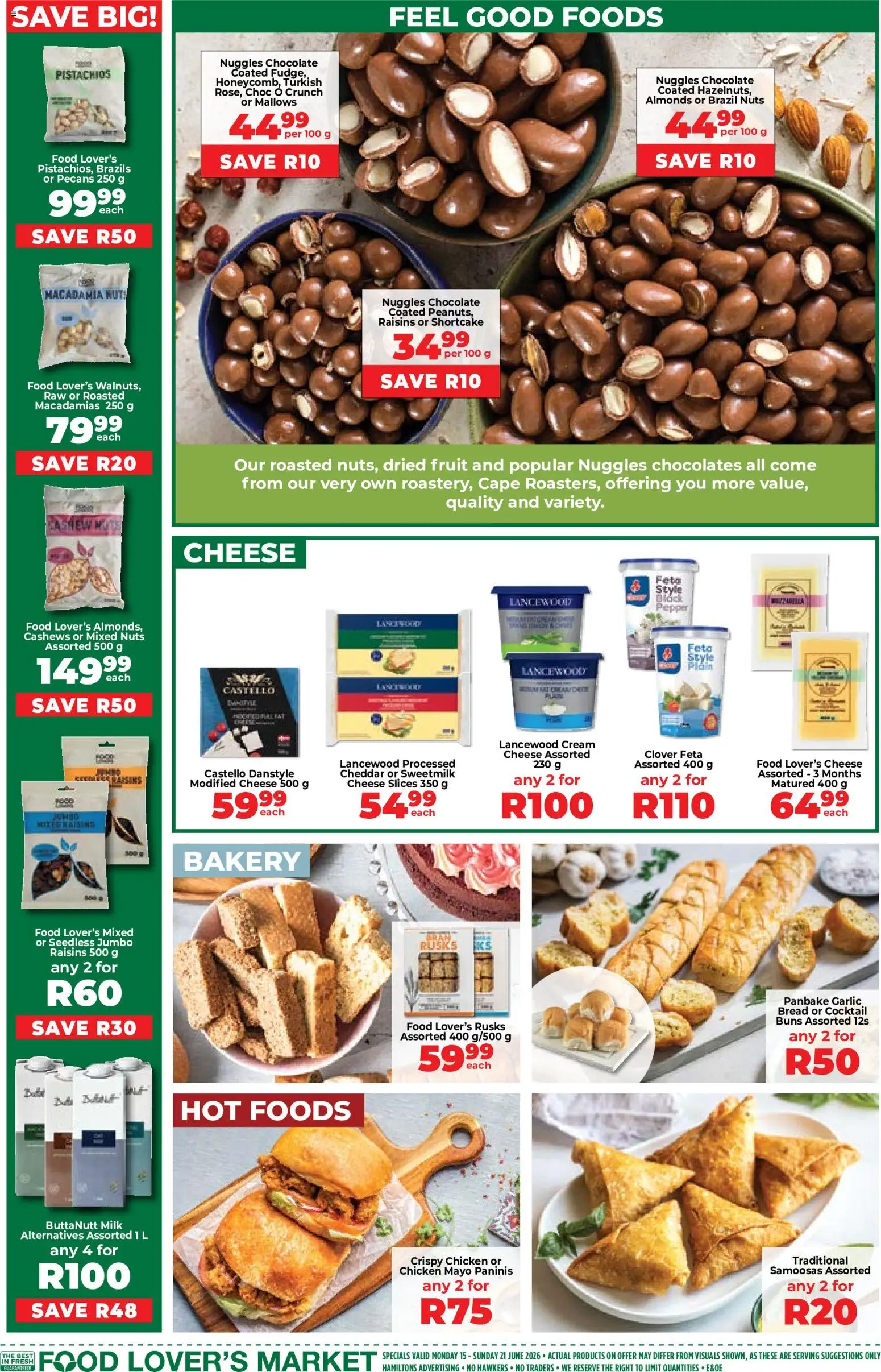 New Food Lover's Market catalogue – valid from 15.06.2026 | Page: 2 | Products: Samoosas, Chicken, Raisins, Máscara de pestañas
