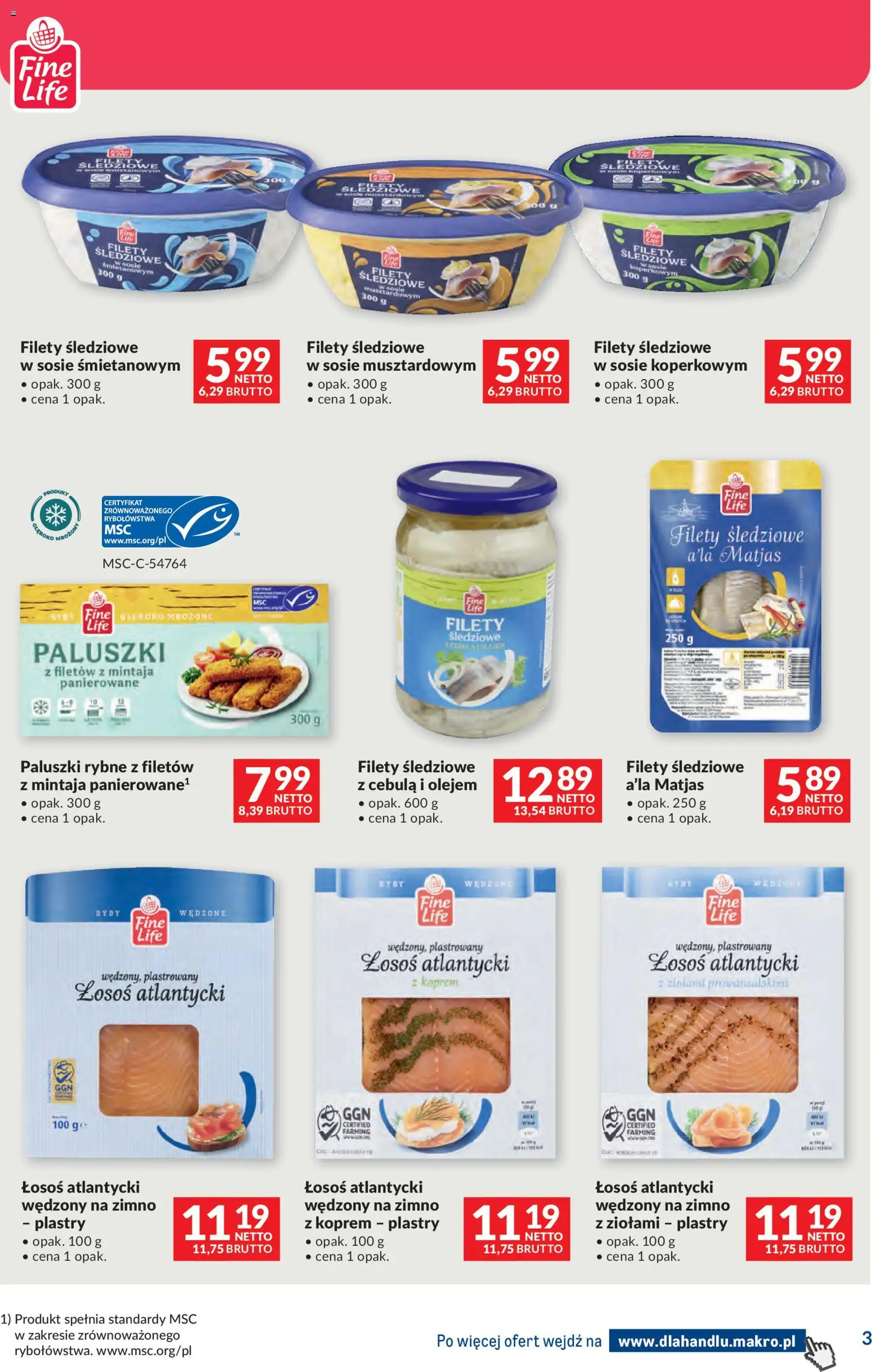Makro gazetka - Dystrybucja do sklepów od 12.05.2026 | Strona: 3 | Produkty: Łosoś atlantycki, Filety śledziowe w sosie śmietanowym, Paluszki, Ryby