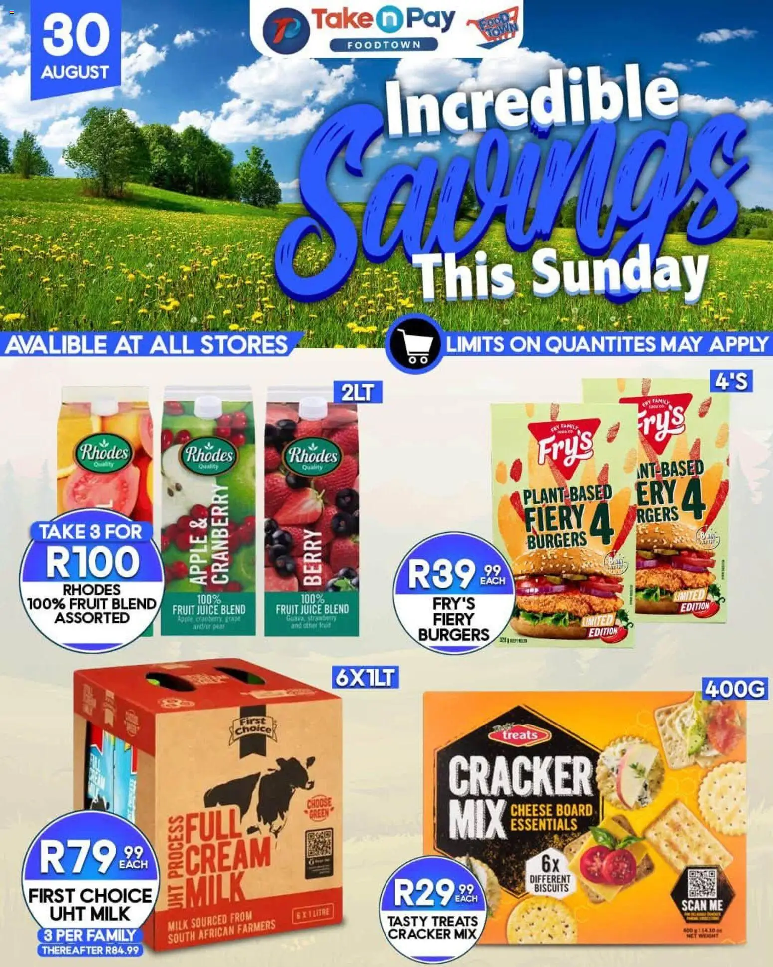 New Take n Pay catalogue – valid from 30/08/2026 | Page: 1 | Products: Milk, Cheese, Biscuits, Burgers
