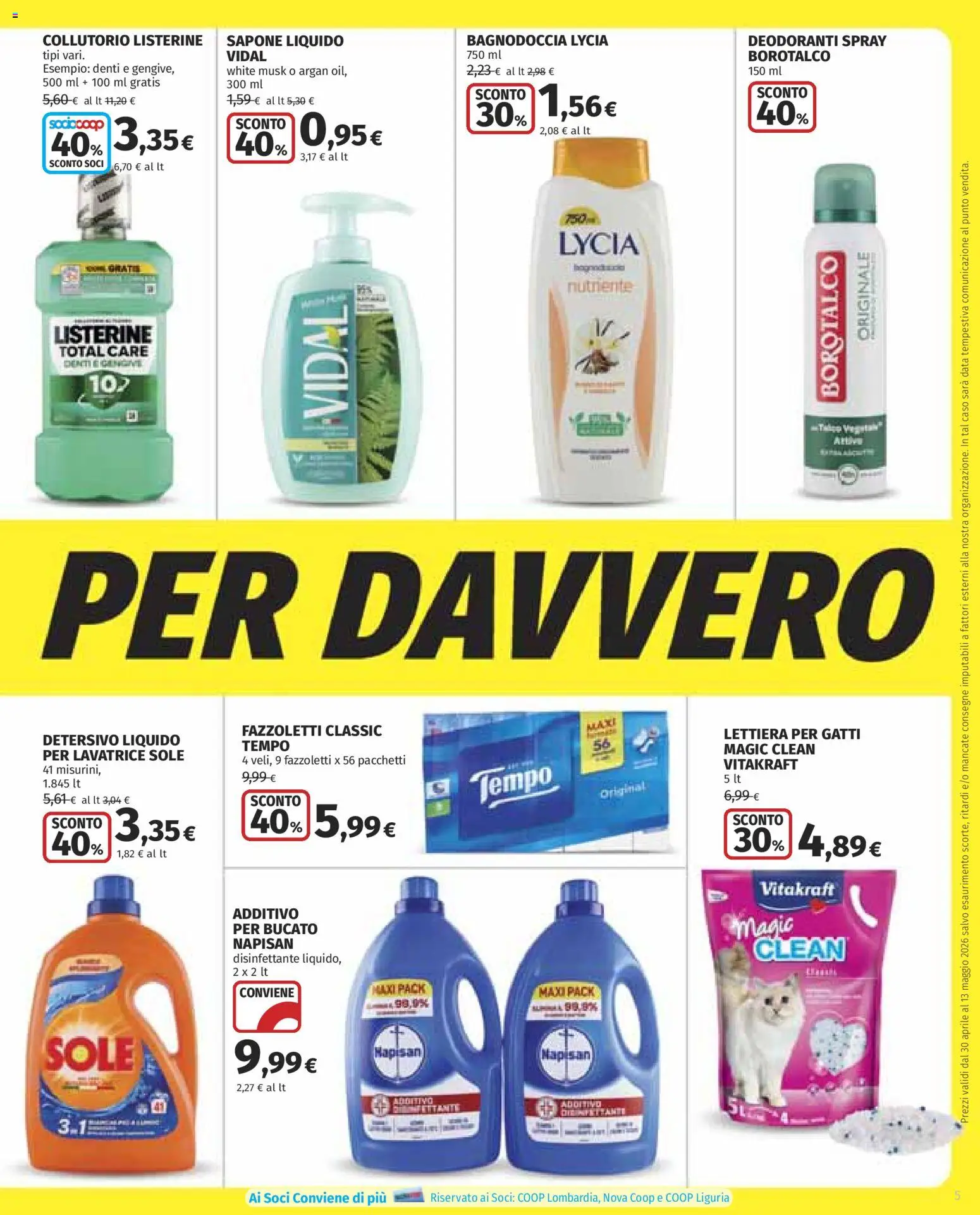Volantino COOP del 30.04.2026 | Pagina: 5 | Prodotti: Sapone, Lettiera per gatti, Collutorio, Data