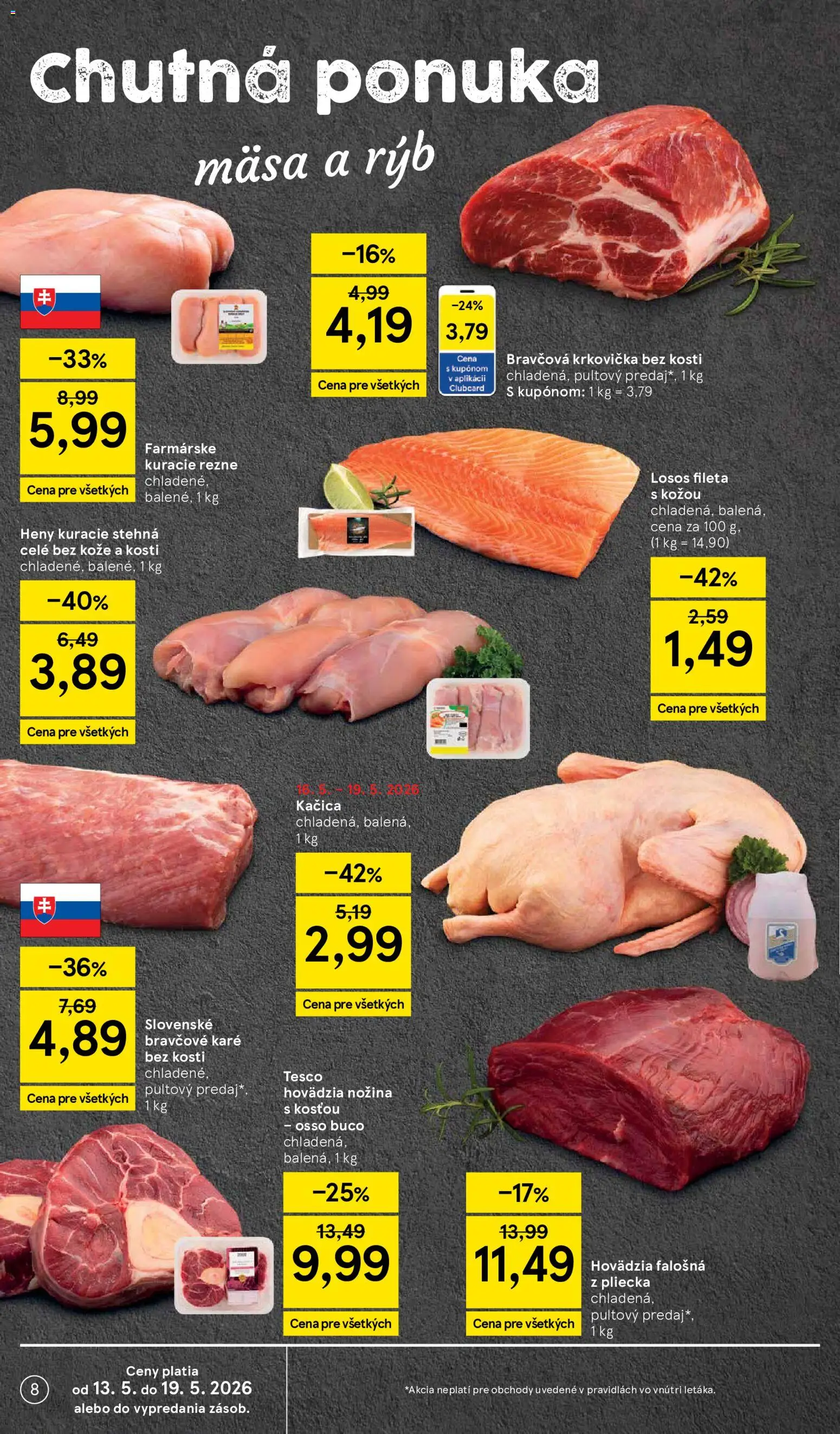 Nové Tesco akcie – leták je platný od 13.05.2026 | Strana: 8 | Produkty: Bravčová krkovička, Kačica, Losos, Krkovička