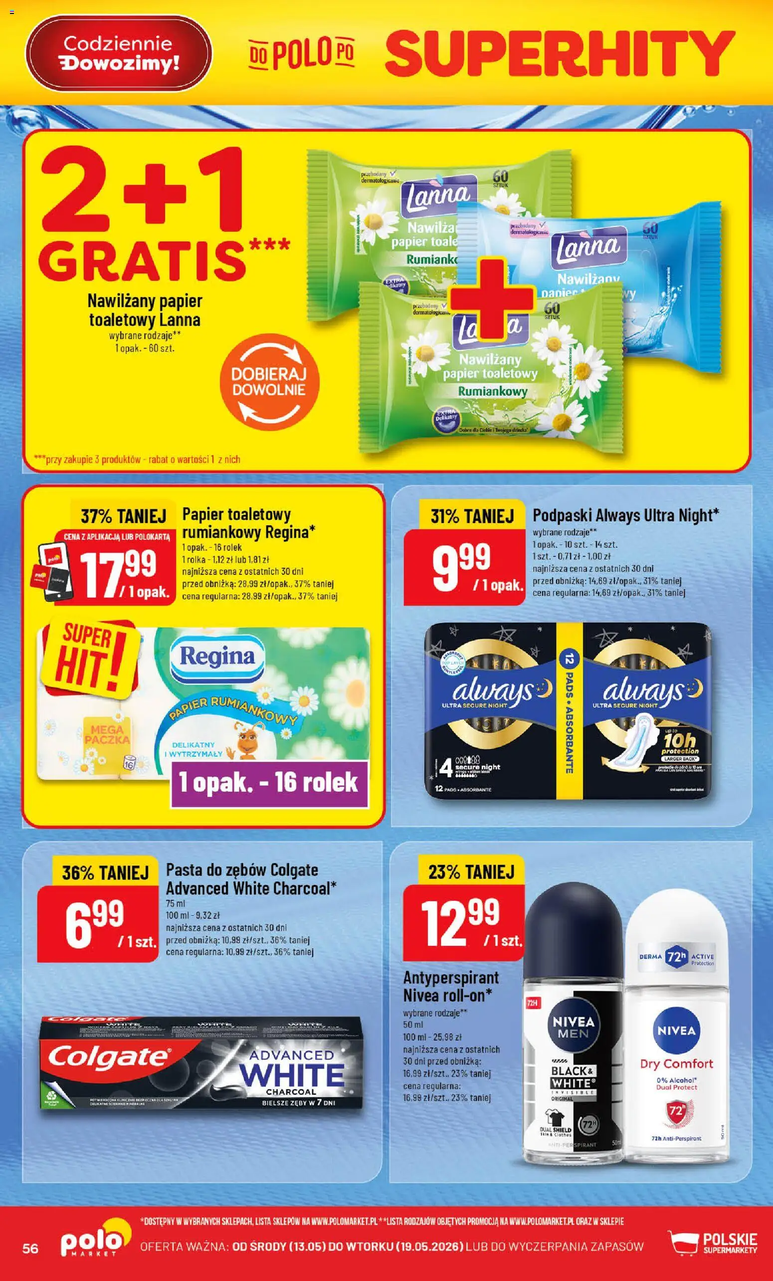 POLOmarket gazetka od 13.05.2026 | Strona: 56 | Produkty: Top, Podpaski always, Antyperspirant, Pasta do zębów