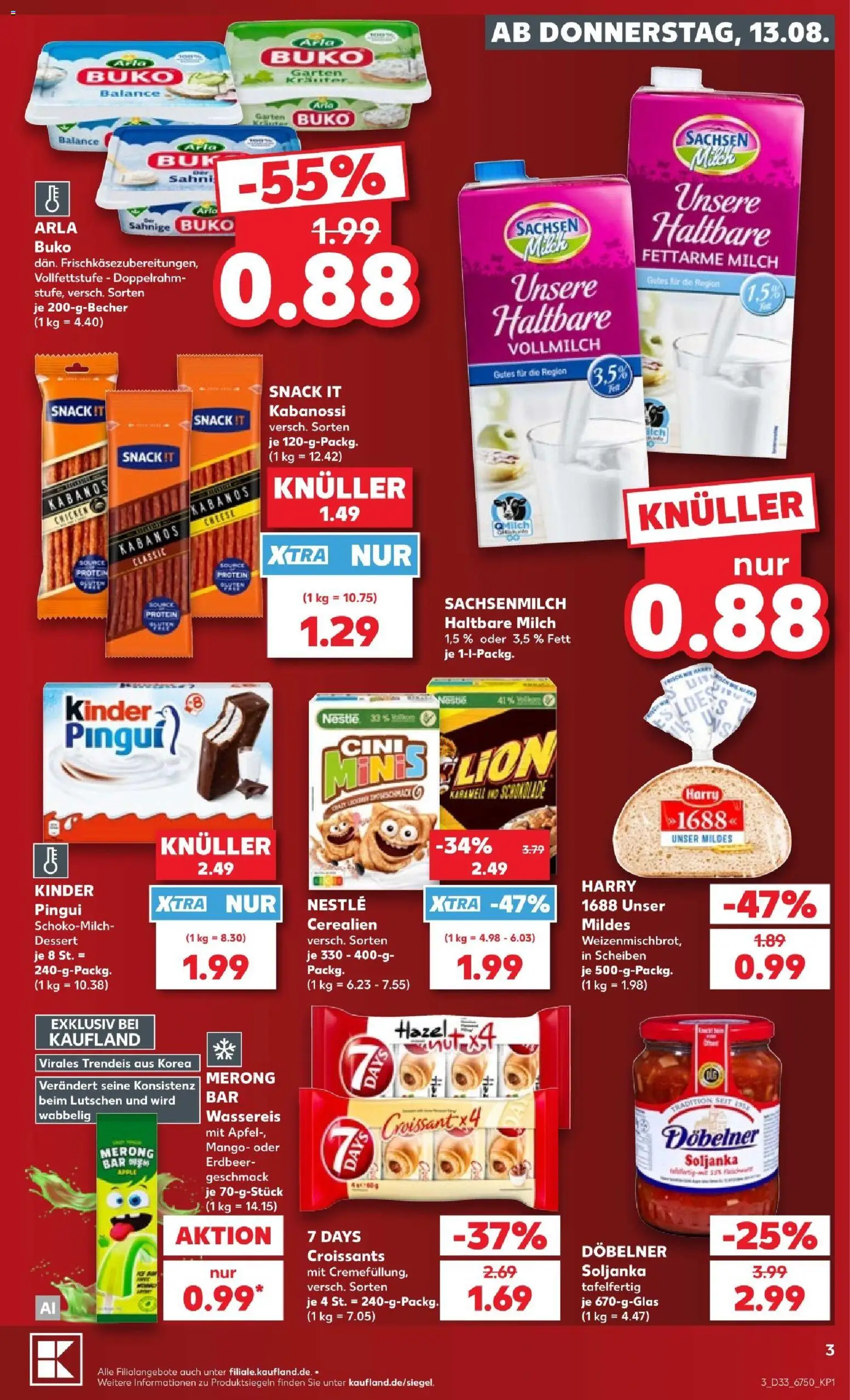 Kaufland Prospekt Potsdam – gültig ab 13.08.2026 | Seite: 3 | Produkte: Milch 1,5%, Haltbare milch, Äpfel, Arla buko
