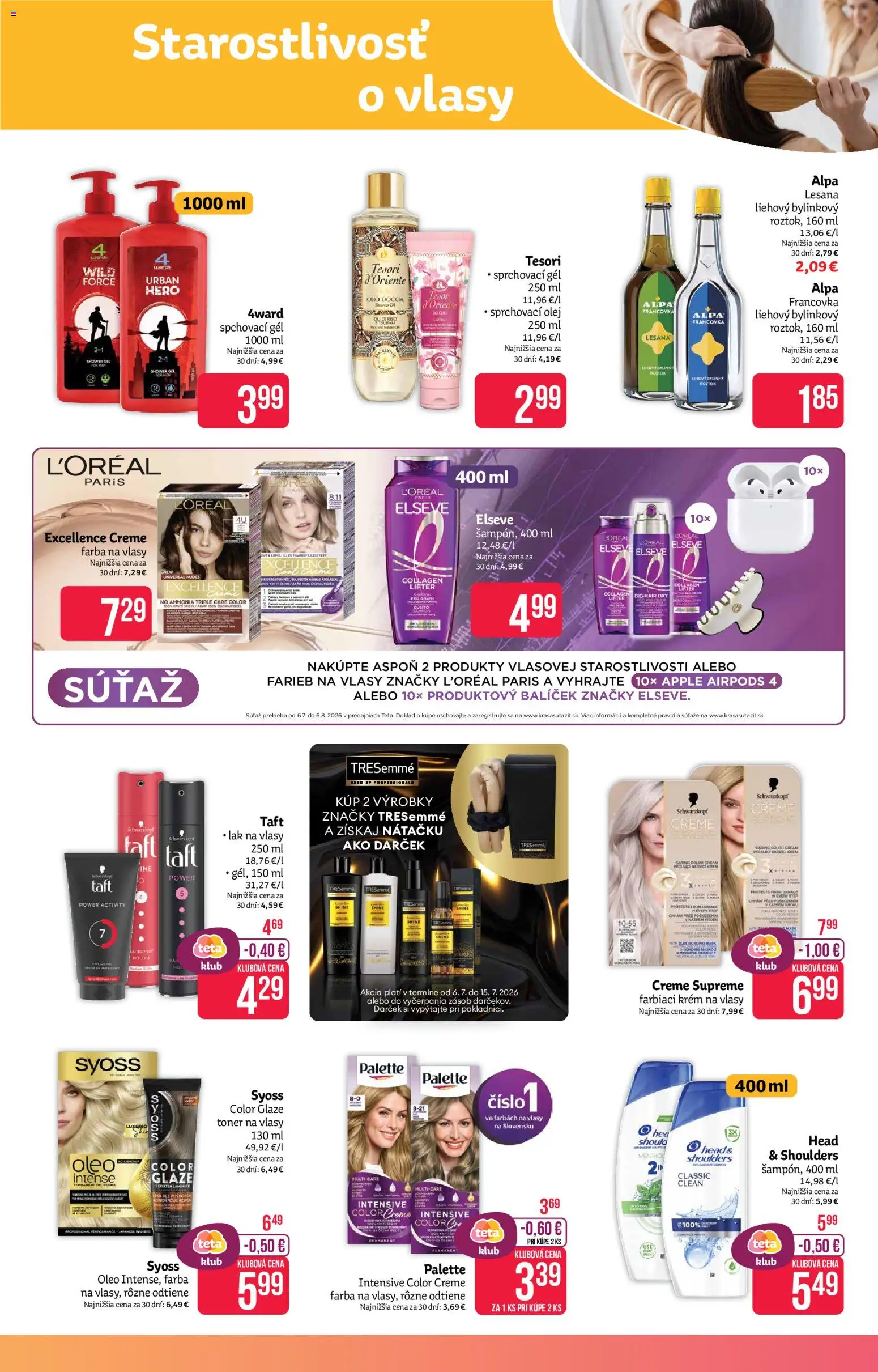 Nové Teta drogerie akcie – leták je platný od 06.07.2026 | Strana: 9 | Produkty: Airpods, Lak na vlasy, Krém, Toner