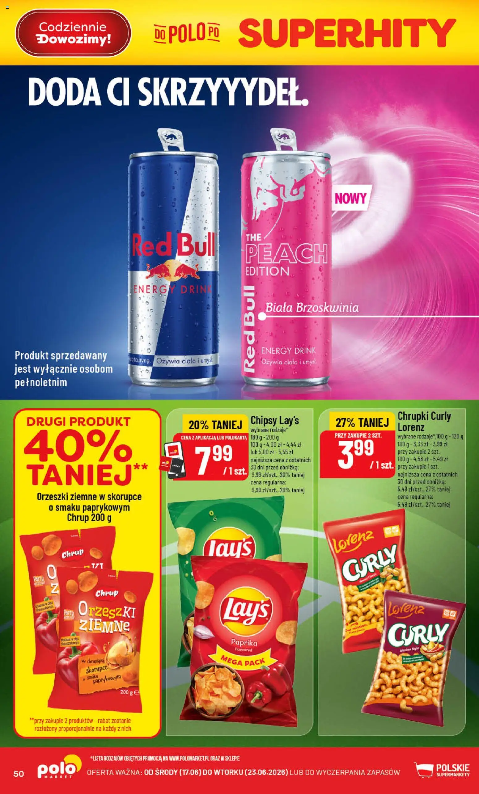 POLOmarket gazetka od 17.06.2026 | Strona: 50 | Produkty: Brzoskwinia, Chipsy, Red bull, Orzeszki ziemne