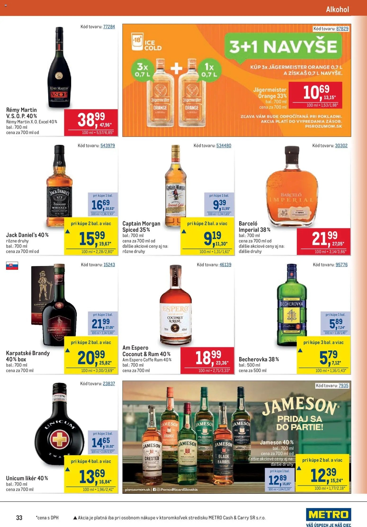 Nové Metro akcie – leták je platný od 29.07.2026 | Strana: 33 | Produkty: Becherovka, Karpatské brandy, Brandy, Rum