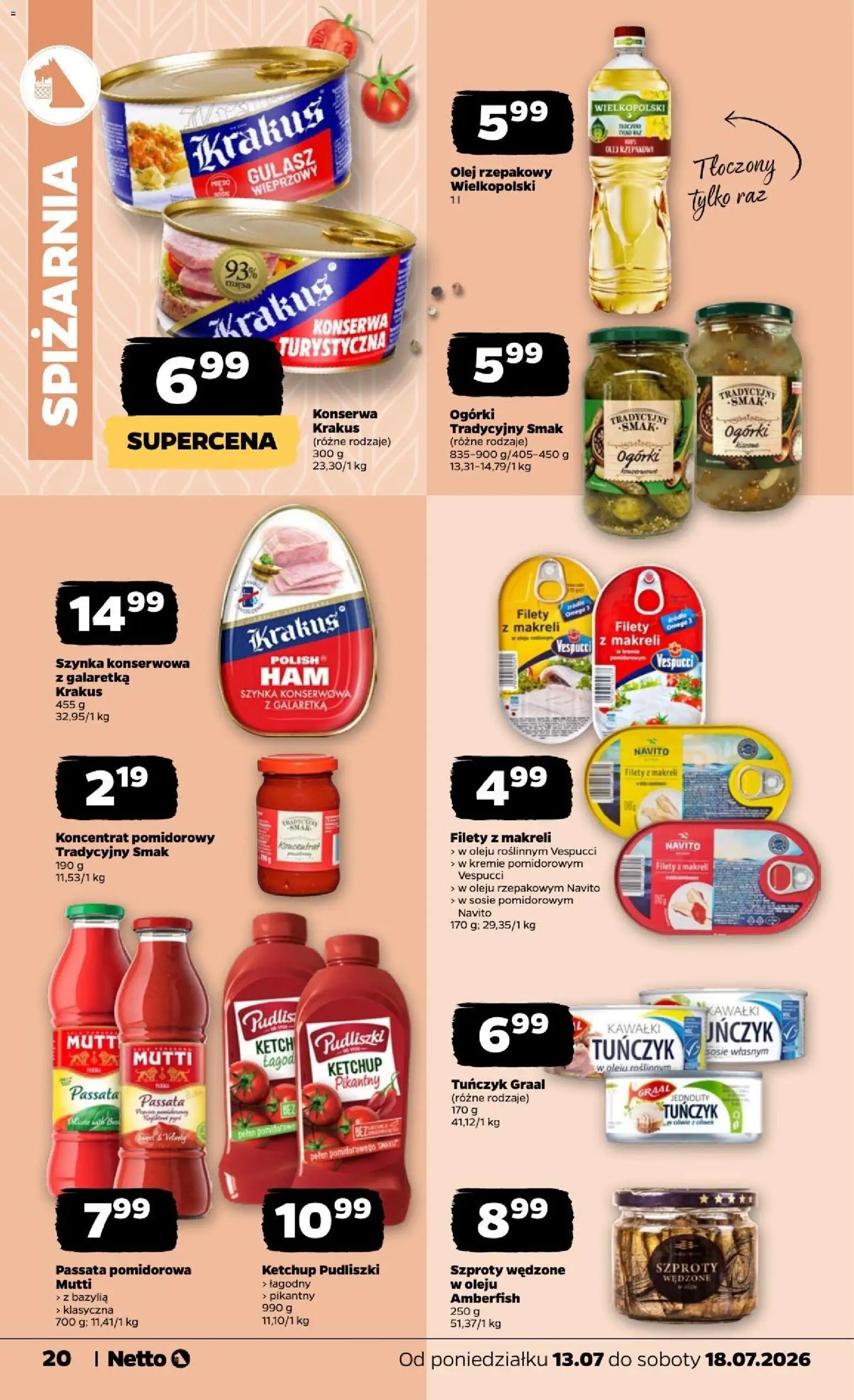 Netto gazetka od poniedziałku od 13.07.2026 | Strona: 20 | Produkty: Ketchup pudliszki, Bazylia, Tuńczyk, Olej
