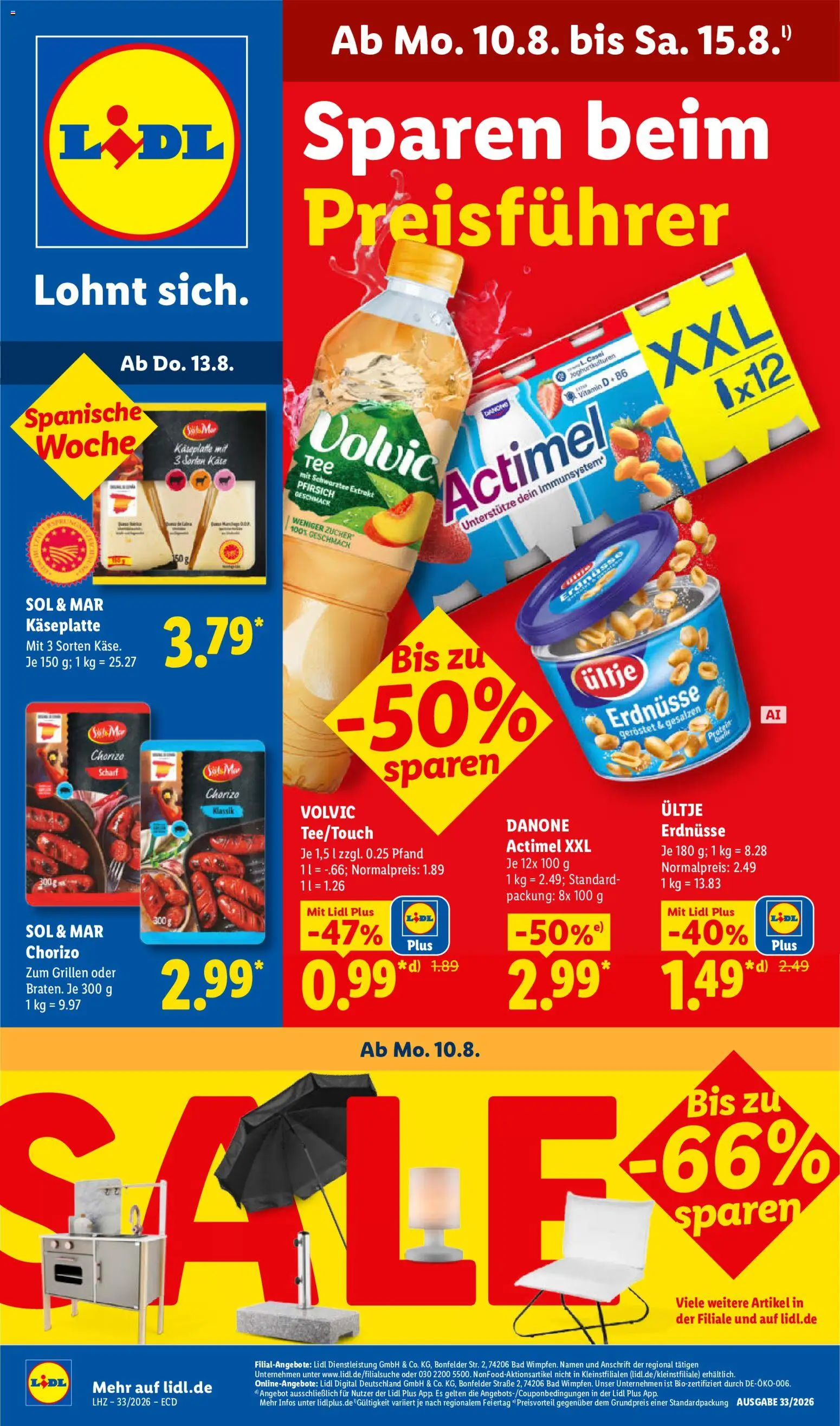 Lidl Německo leták od 10.08.2026 | Strana: 1 | Produkty: Vitamin D, Actimel, Kaše, Chorizo