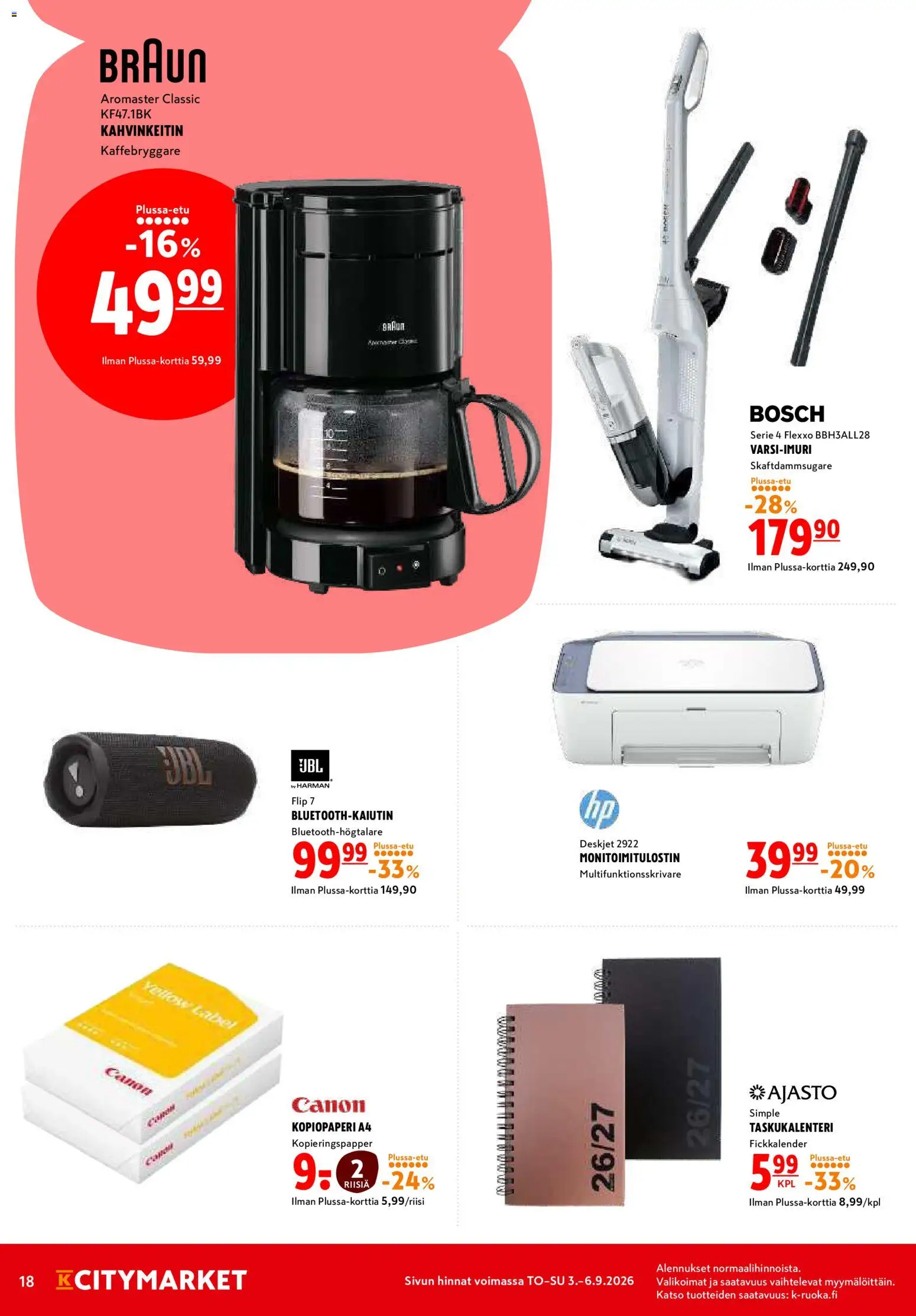 K-Citymarket tarjoukset – voimassa 03/09/2026 alkaen | Sivu: 18 | Tuotteet: Kahvinkeitin, Monitoimitulostin