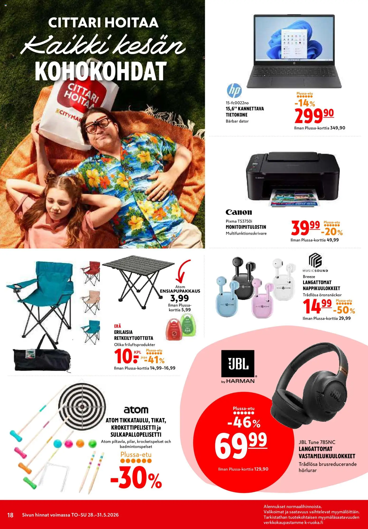 K-Citymarket tarjoukset – voimassa 28.05.2026 alkaen | Sivu: 18 | Tuotteet: Vastamelukuulokkeet, Monitoimitulostin, Tietokone