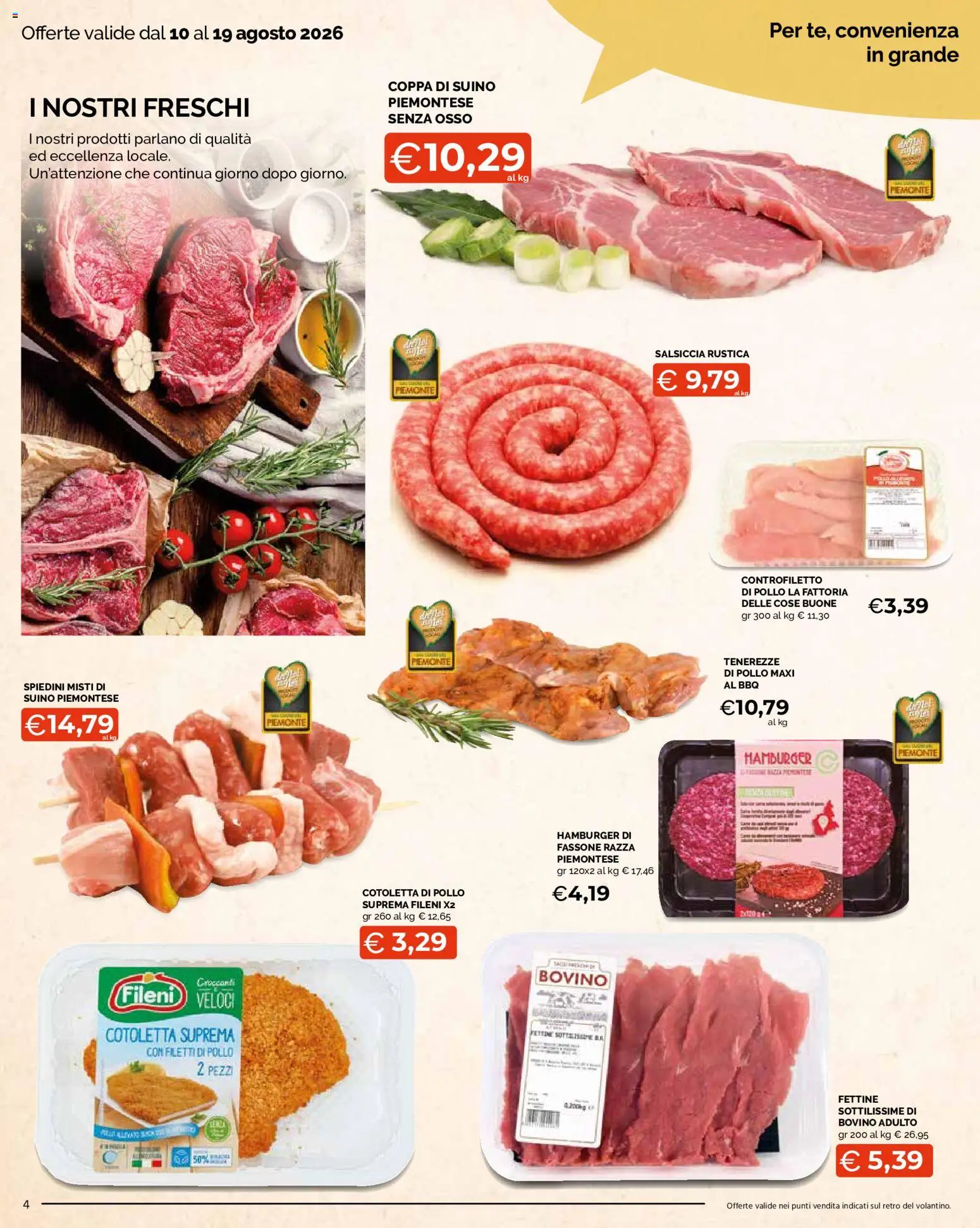 Volantino Mercatò del 10/08/2026 | Pagina: 4 | Prodotti: Bovino, Pollo, Hamburger, Spiedini