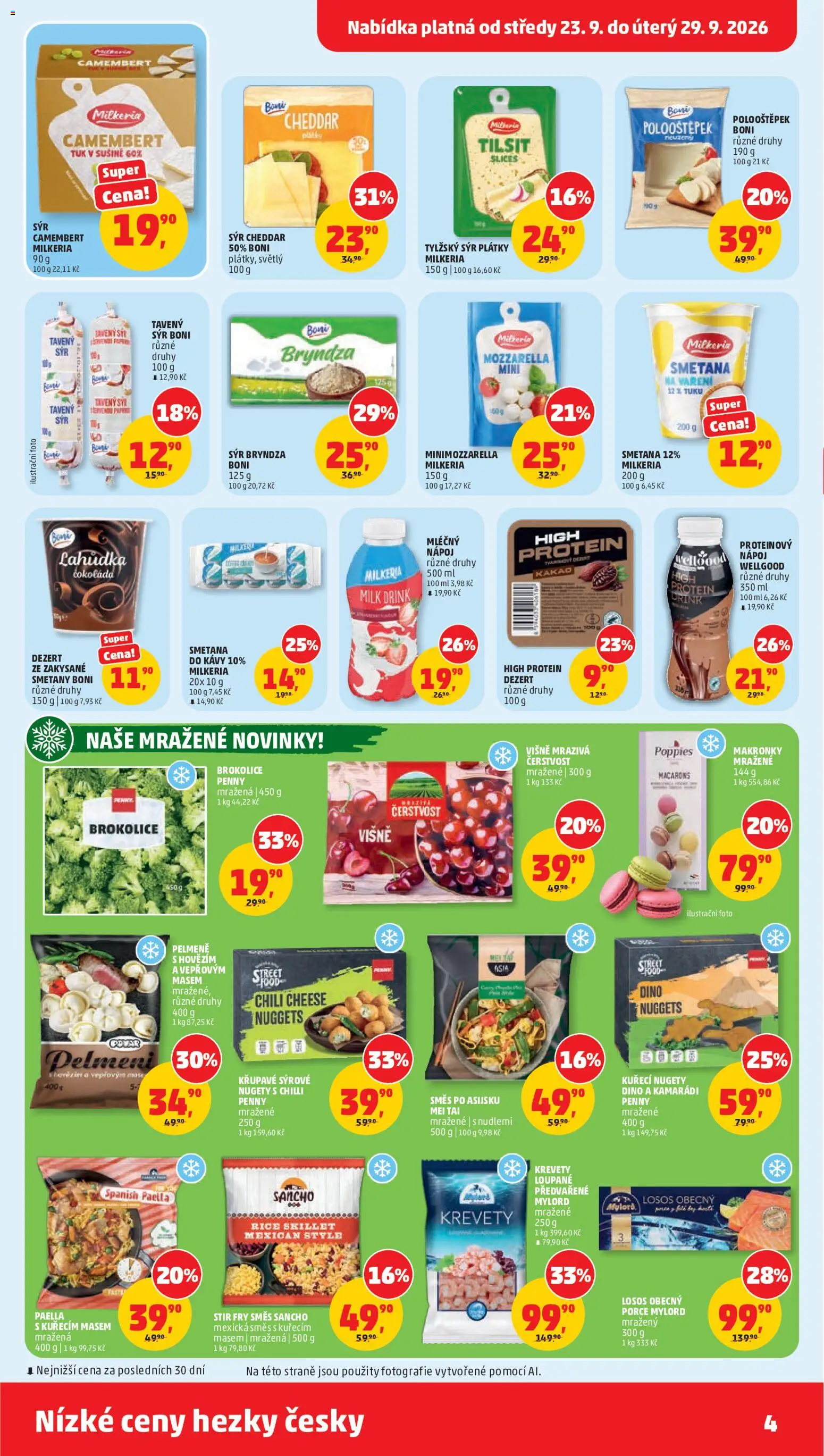 Penny Market leták od 23.09.2026 | Strana: 4 | Produkty: Pelmeně, Kakao, Krevety, Cheddar
