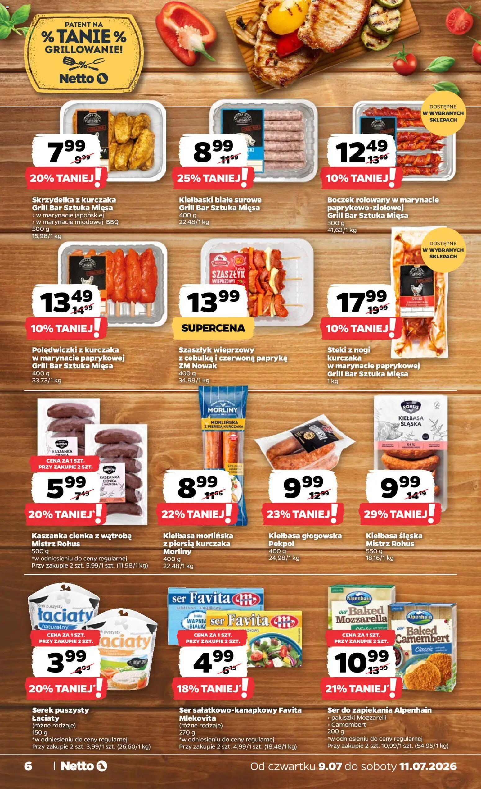 Netto gazetka od czwartku spożywcza od 09.07.2026 | Strona: 6 | Produkty: Skrzydełka z kurczaka, Grill, Kiełbaski, Mozzarella