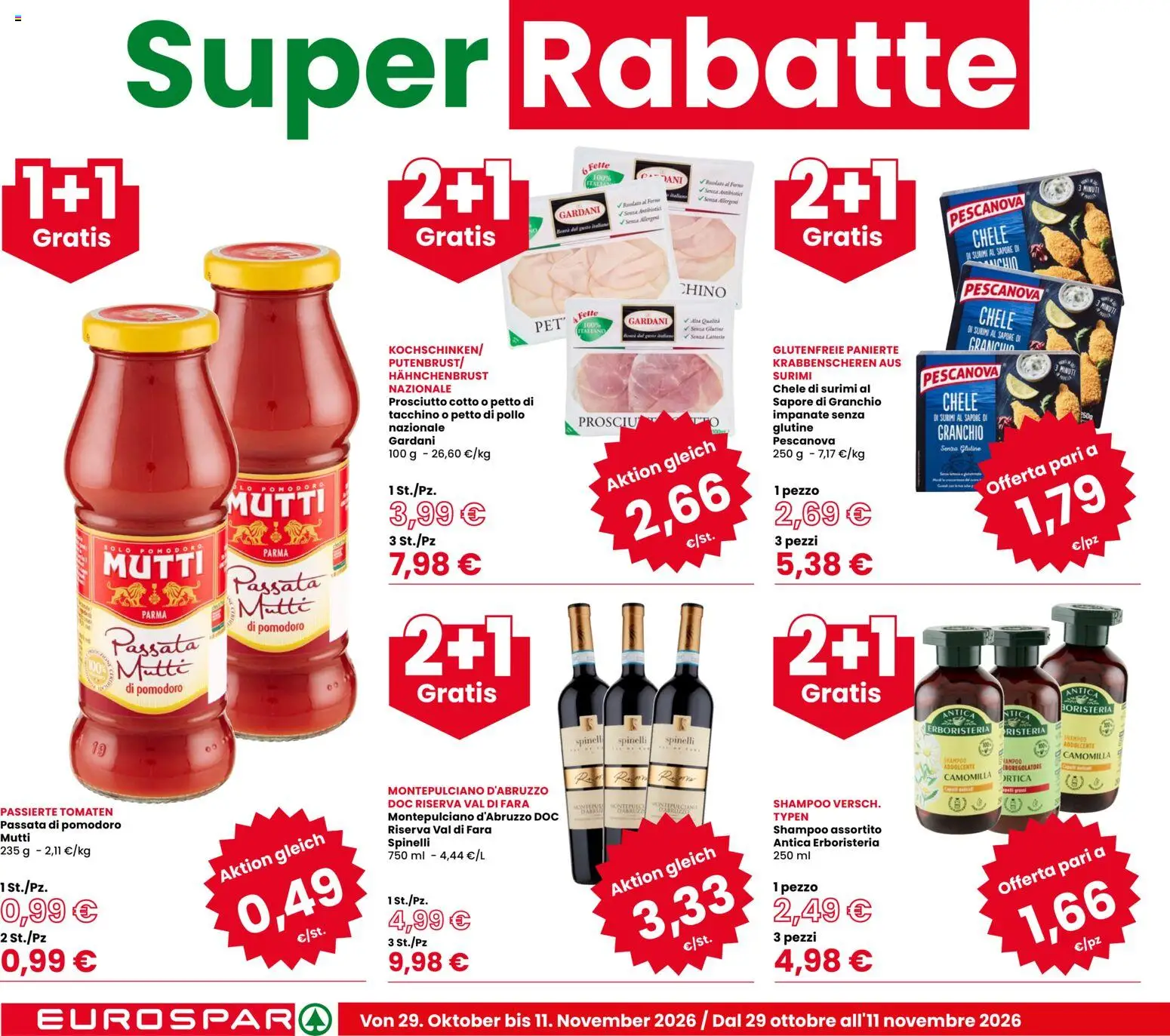 Volantino Eurospar del 29/10/2026 | Pagina: 2 | Prodotti: Shampoo, Surimi, Pomodoro, Mutti