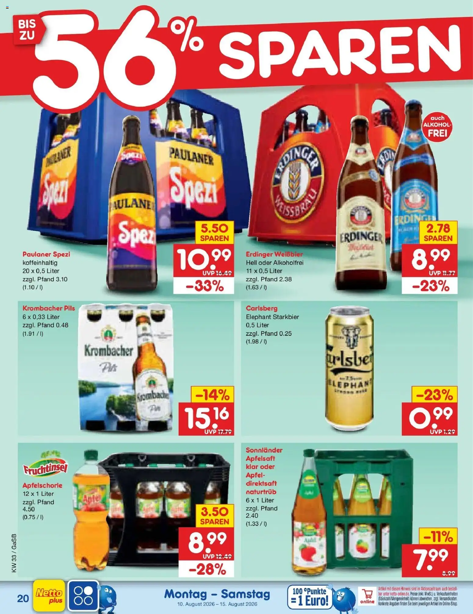 Netto Marken-Discount Prospekt – gültig ab 10.08.2026 | Seite: 28 | Produkte: Erdinger, Weißbier, Paulaner spezi, Paulaner