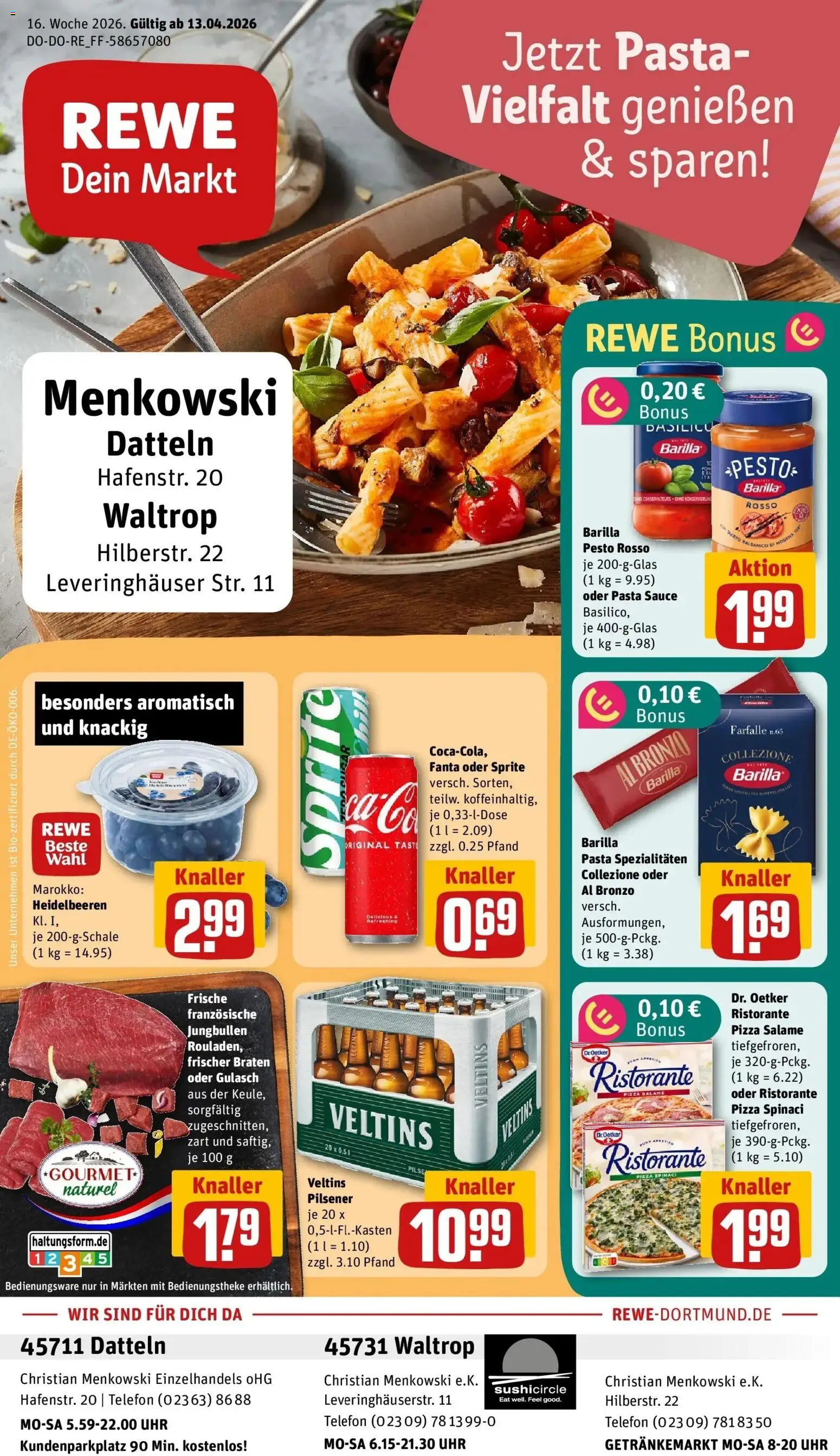Rewe Prospekt Waltrop	 – gültig ab 12.04.2026 | Seite: 1 | Produkte: Sprite, Salami, Pizza, Uhr