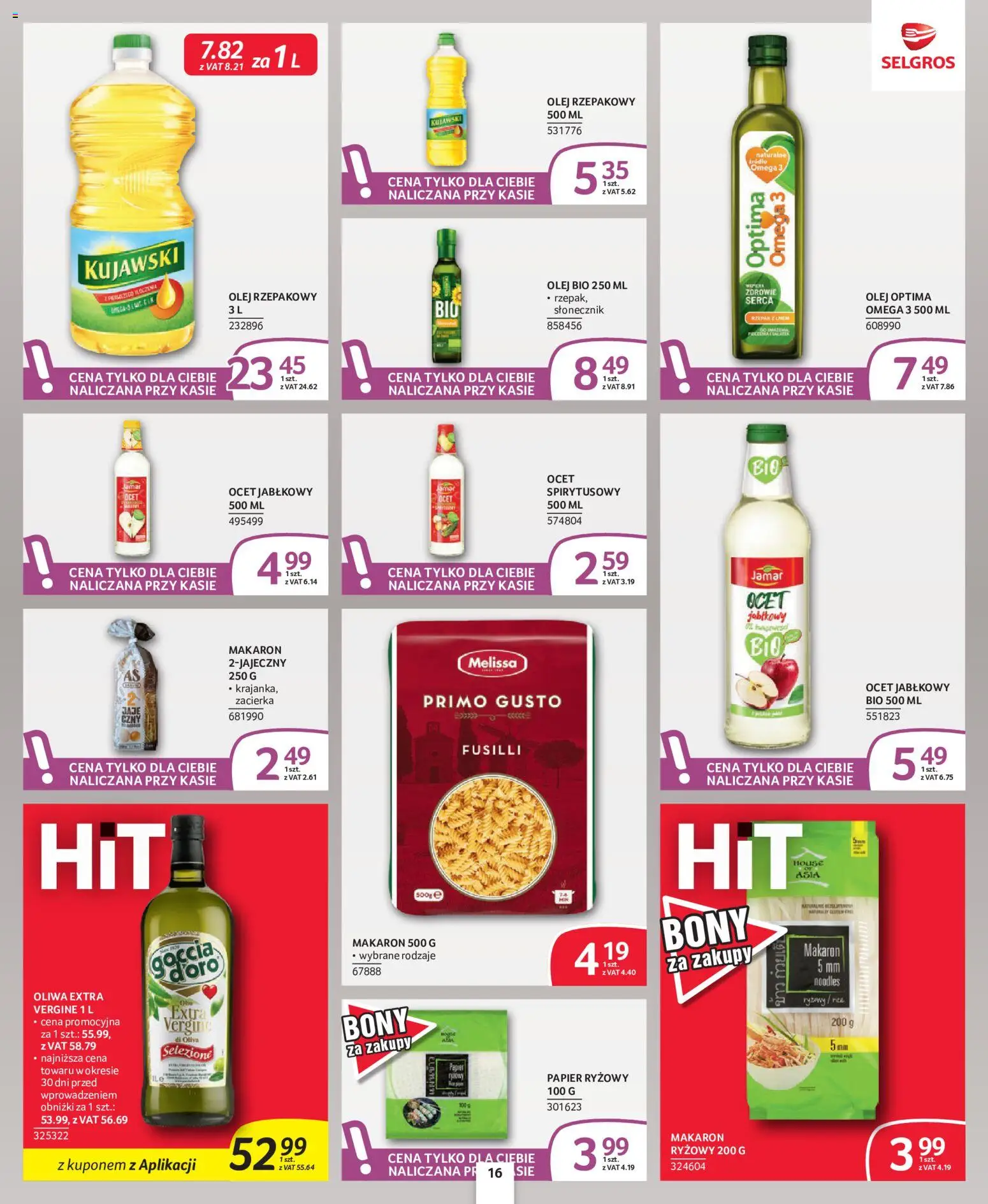 Selgros cash&carry gazetka - Oferta dla profesjonalistów od 08.10.2026 | Strona: 16 | Produkty: Ocet jabłkowy, Papier ryżowy, Olej, Makaron