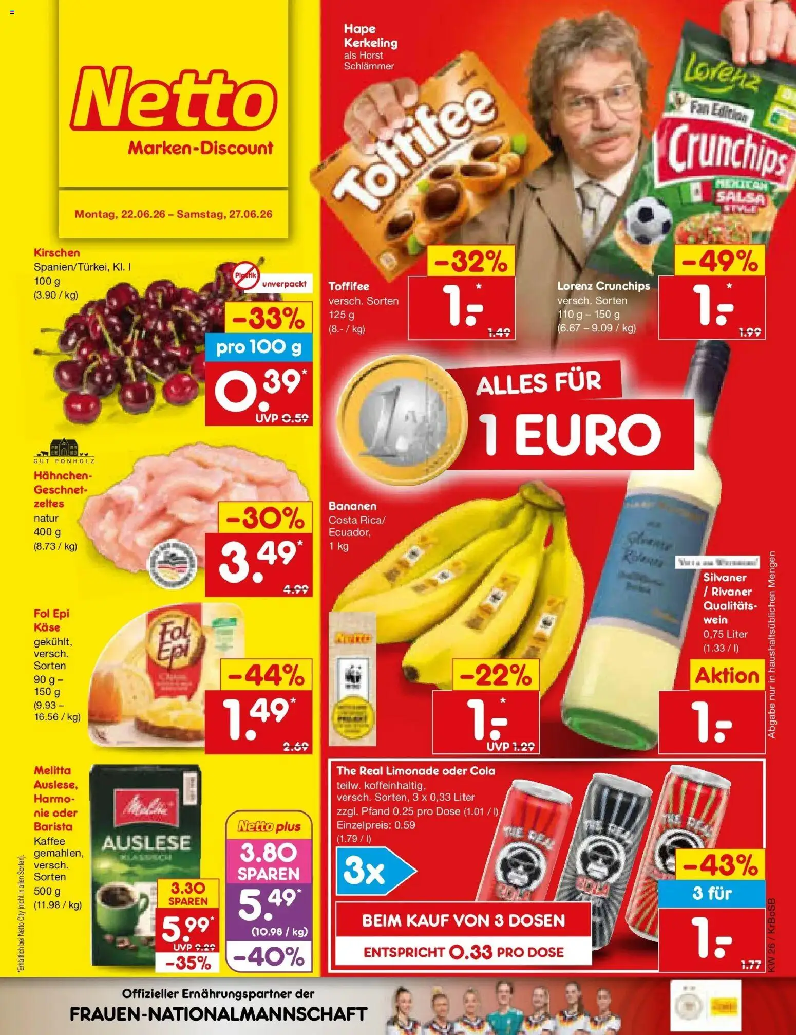 Netto Marken-Discount Prospekt Jüchen – gültig ab 22.06.2026 | Seite: 1 | Produkte: Hahnchen, Bananen, Toffifee, Lorenz crunchips