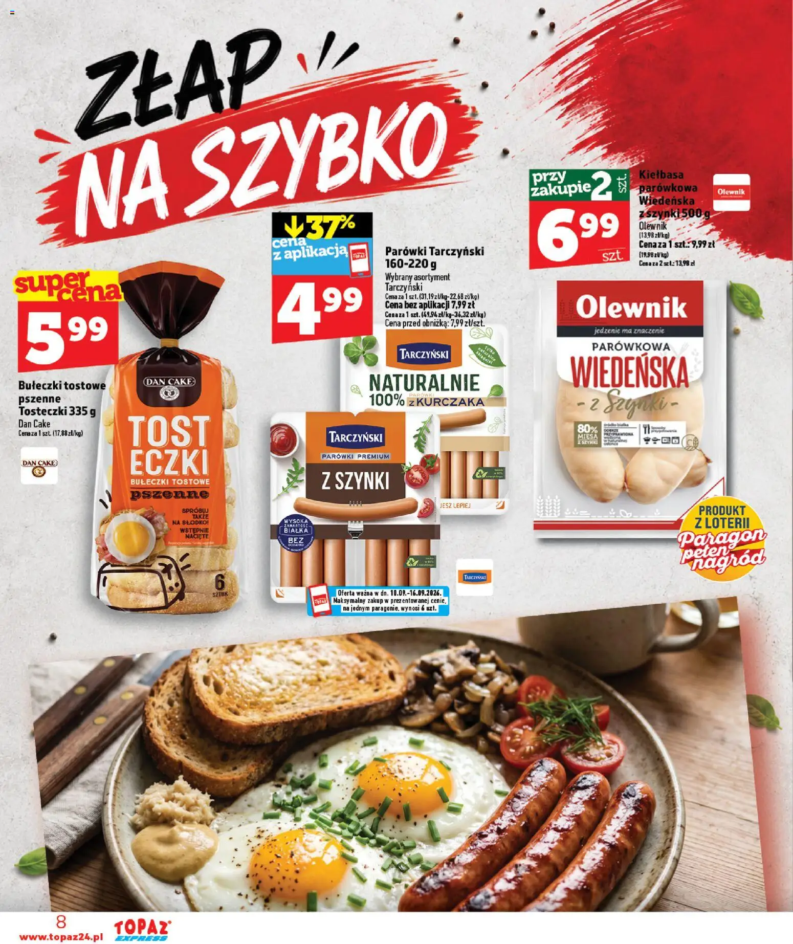 Topaz gazetka - Express od 10.09.2026 | Strona: 8 | Produkty: Kiełbasa, Parówki, Parówki tarczyński