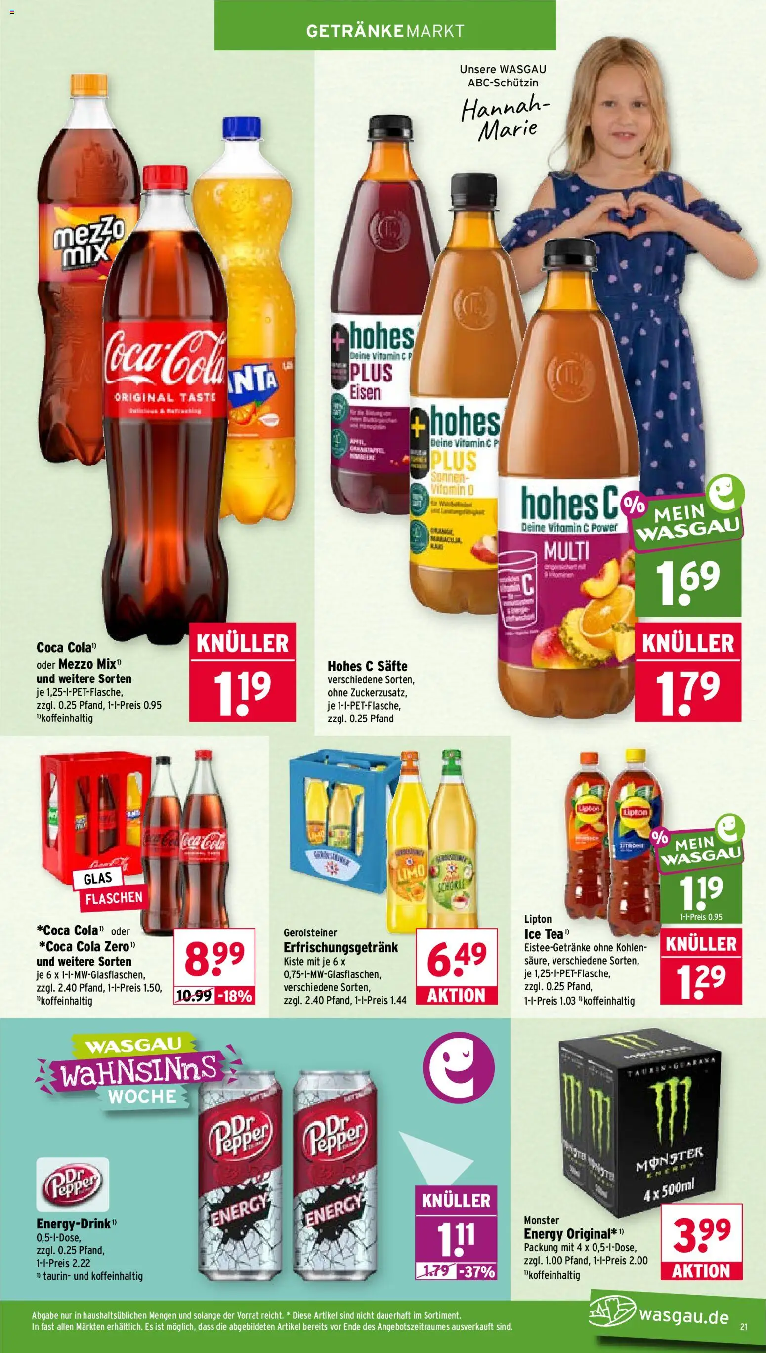 Wasgau Prospekt – gültig ab 03.08.2026 | Seite: 21 | Produkte: Cola, Monster, Hohes c, Gerolsteiner