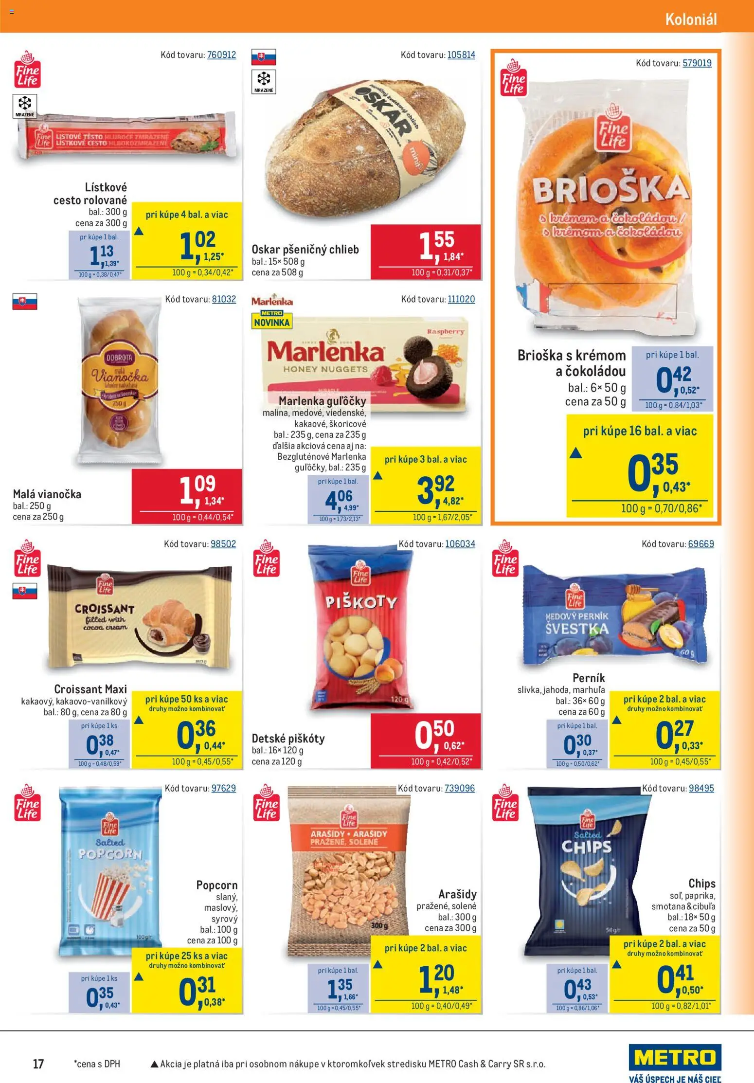 Nové Metro akcie – leták je platný od 09.09.2026 | Strana: 17 | Produkty: Piškóty, Chlieb, Brioška, Arašidy