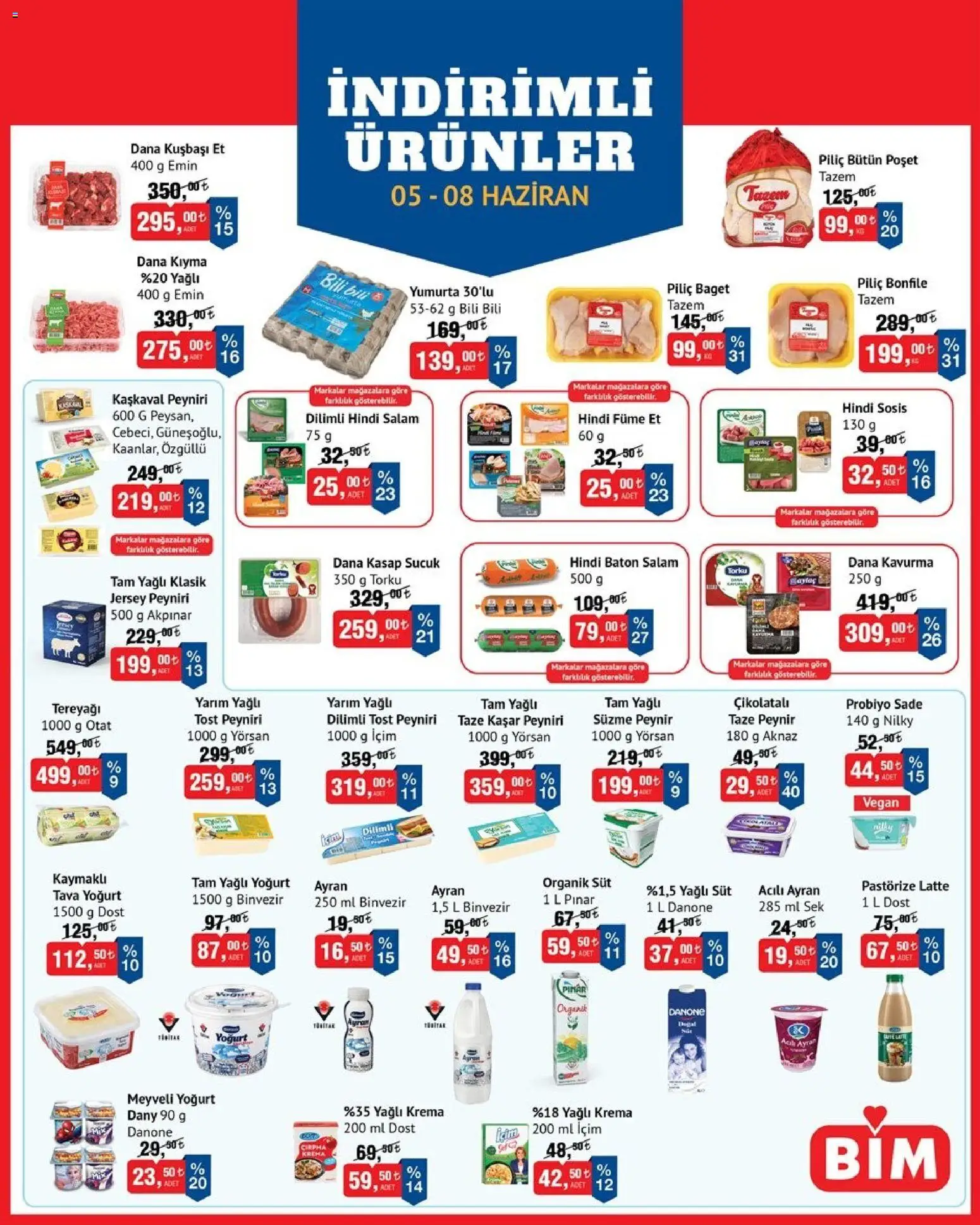 BİM - İndirimli Ürünler - 05.06.2026 tarihinden itibaren geçerlidir | Sayfa: 1 | Ürünler: Tereyağı, Krema, Sosis, Piliç