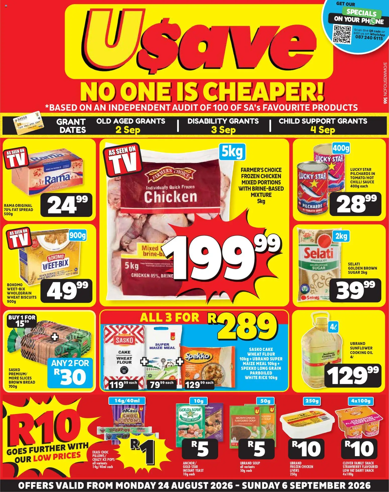 New Usave catalogue – valid from 24/08/2026 | Page: 1 | Products: Pilchards, Flour, Fat spread, Chilli