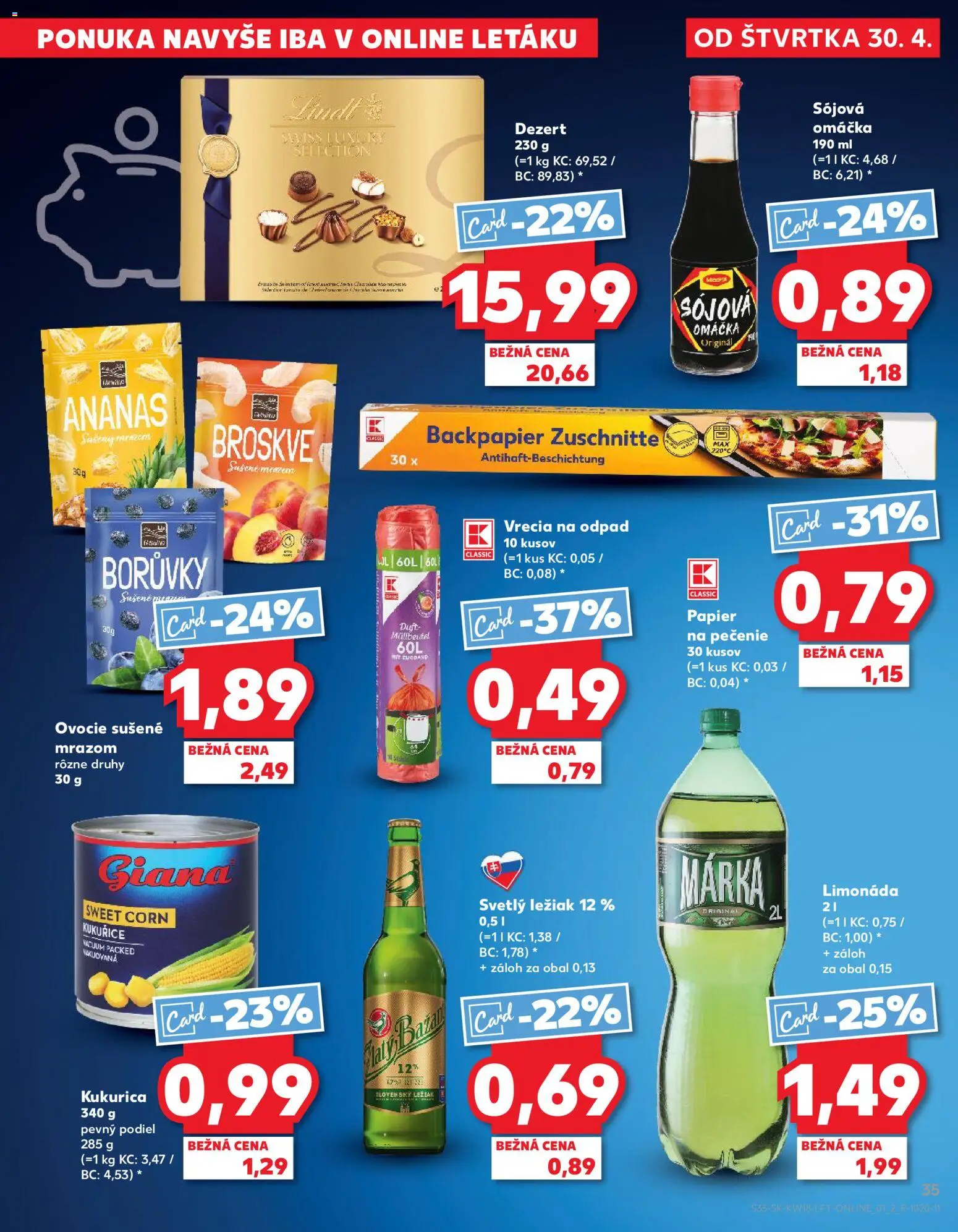 Nové Kaufland akcie – leták je platný od 30.04.2026 | Strana: 35 | Produkty: Lindt, Omáčka, Kukurica, Ovocie