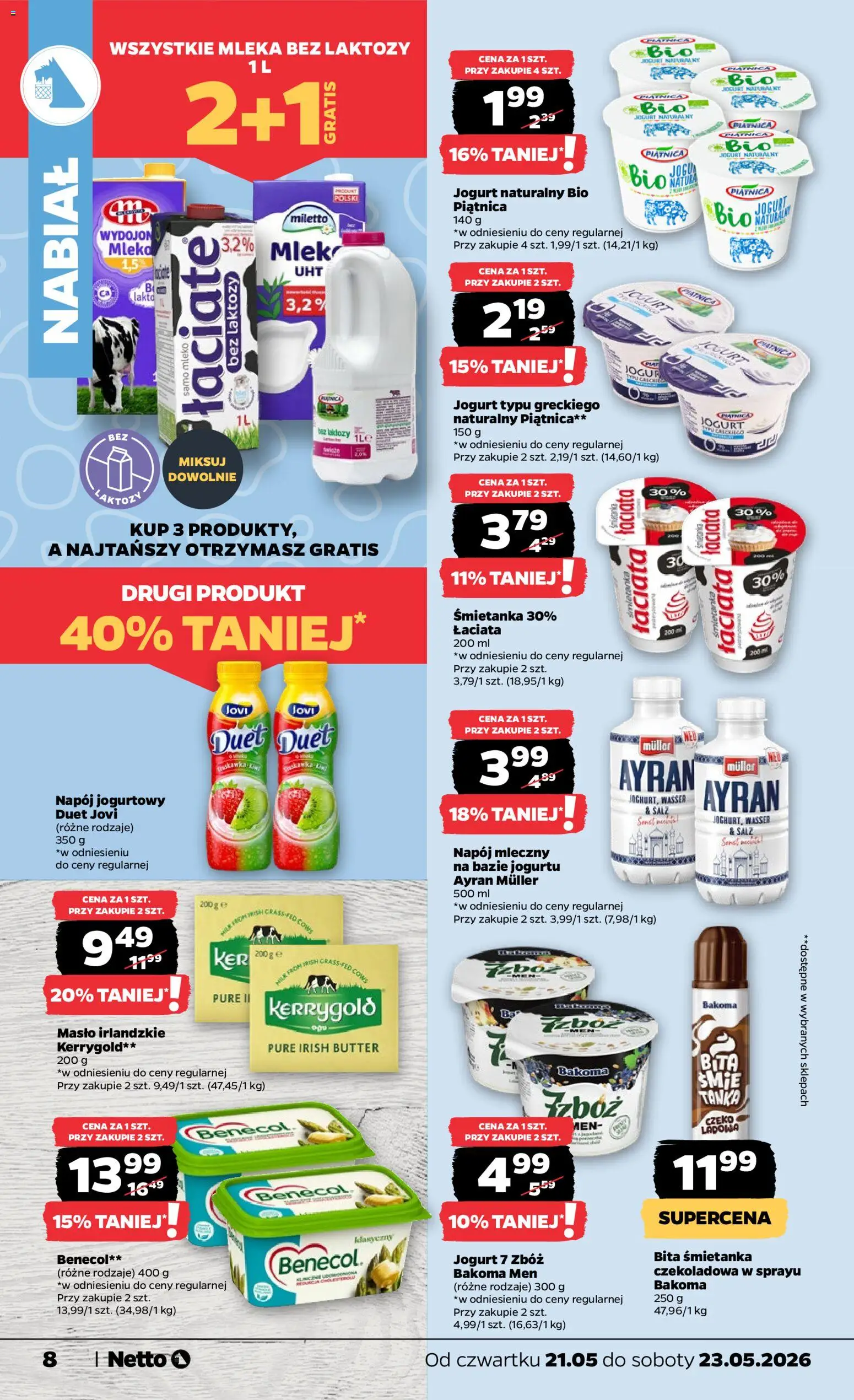 Netto gazetka od czwartku spożywcza od 21.05.2026 | Strona: 8 | Produkty: Czekoladowa, Bez laktozy, Masło, Jogurt