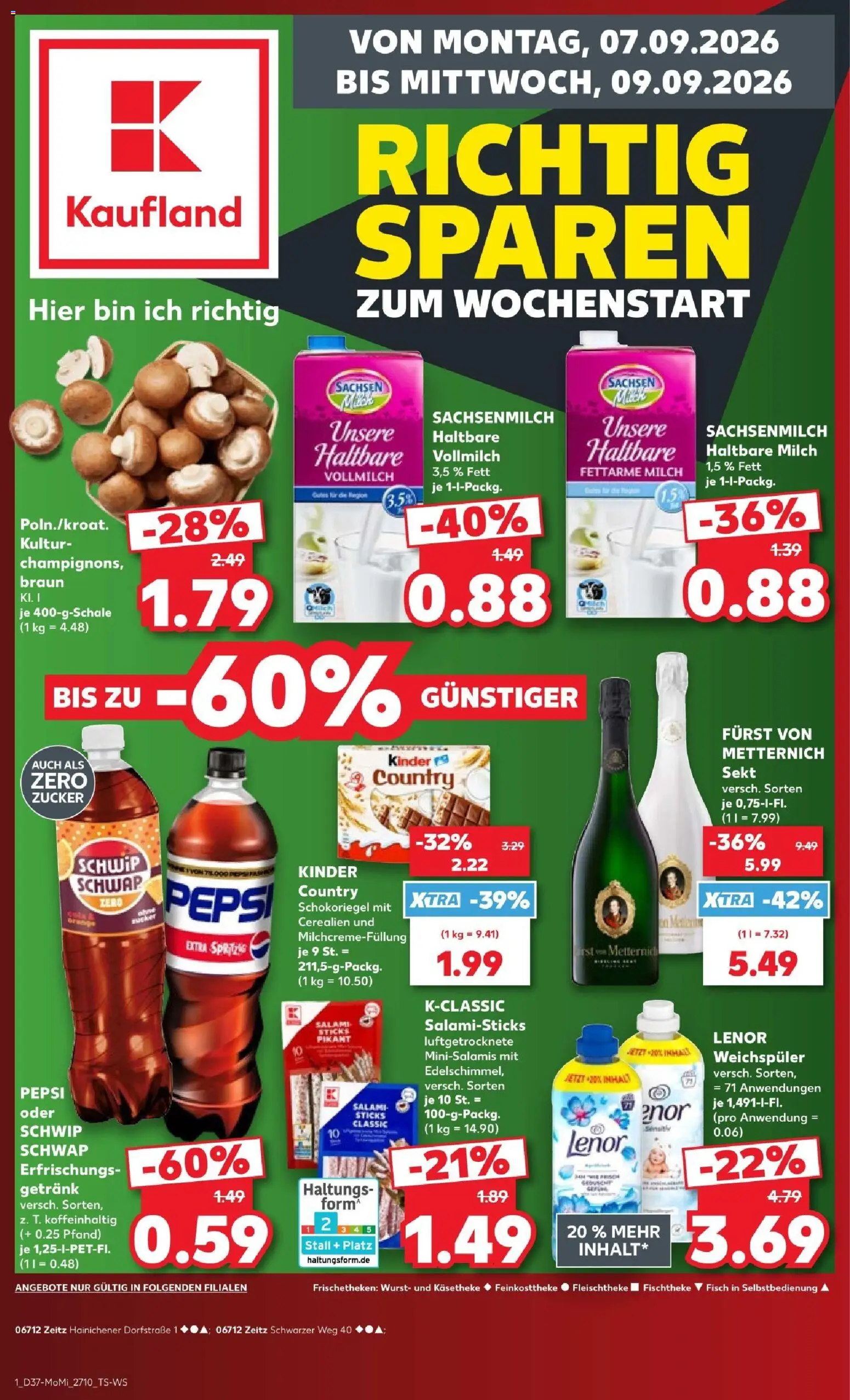 Kaufland Prospekt Zeitz – gültig ab 07.09.2026 | Seite: 1 | Produkte: Sekt, Milch 1,5%, Pepsi, Salami