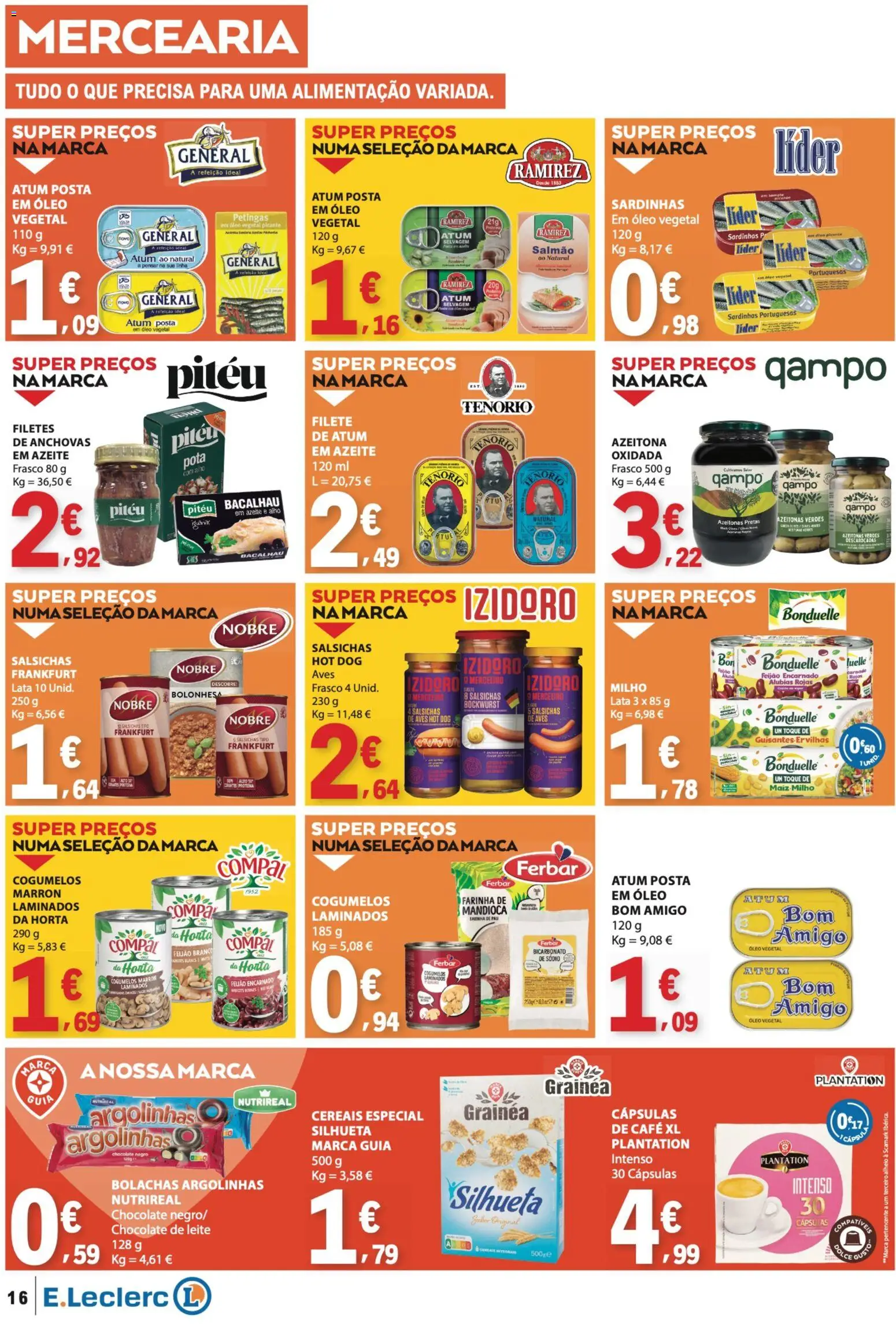 E.Leclerc folheto │ válido de 20/08/2026 | Página: 16 | Produtos: Atum, Bacalhau, Leite, Alho
