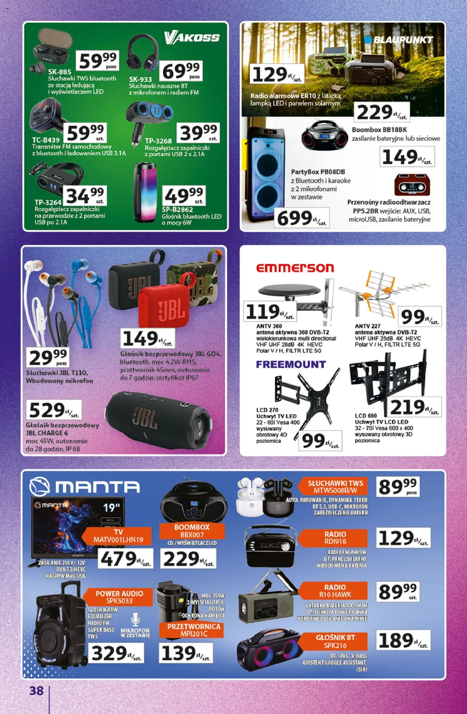 Auchan gazetka - Znane Marki Hipermarket od 11.06.2026 | Strona: 38 | Produkty: Słuchawki, Mikrofon, Głośnik bluetooth, Bateria