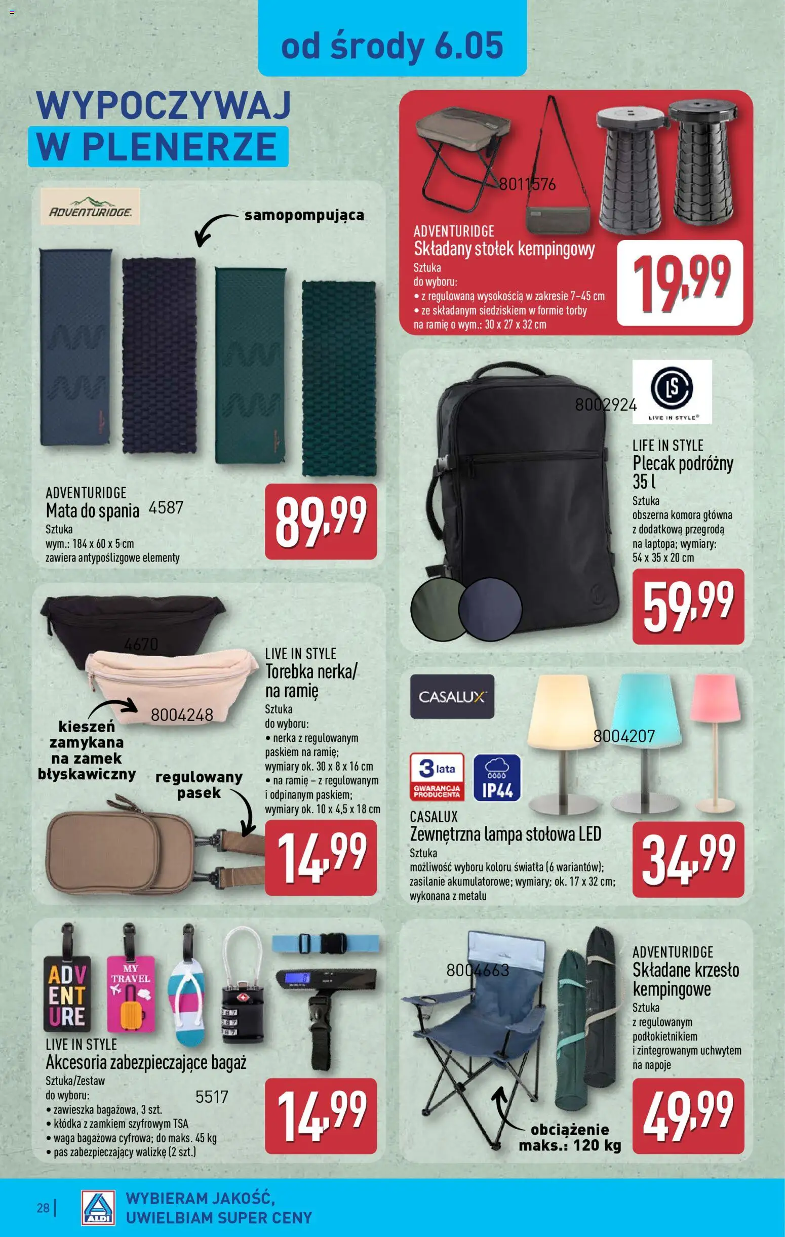 Aldi gazetka od 04.05.2026 | Strona: 28 | Produkty: Plecak, Napoje, Krzesło, Lampa