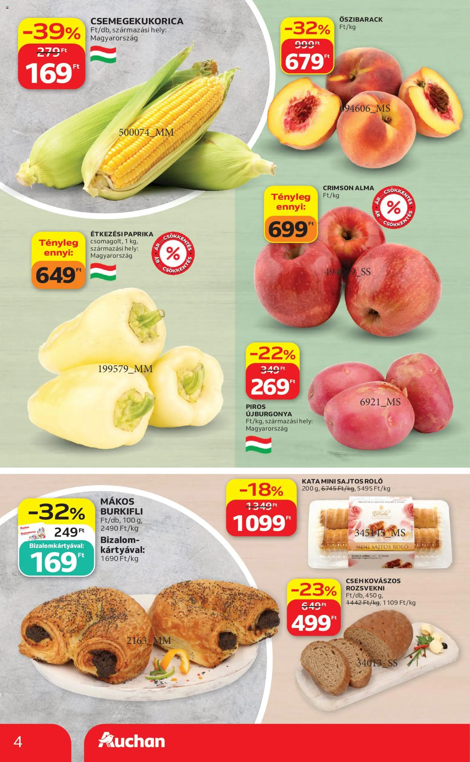 Auchan akciós ujság - amely érvényes a következő dátumtól: 2026.07.23. | Oldal: 4 | Termékek: Őszibarack, Csemegekukorica, Roló, Alma