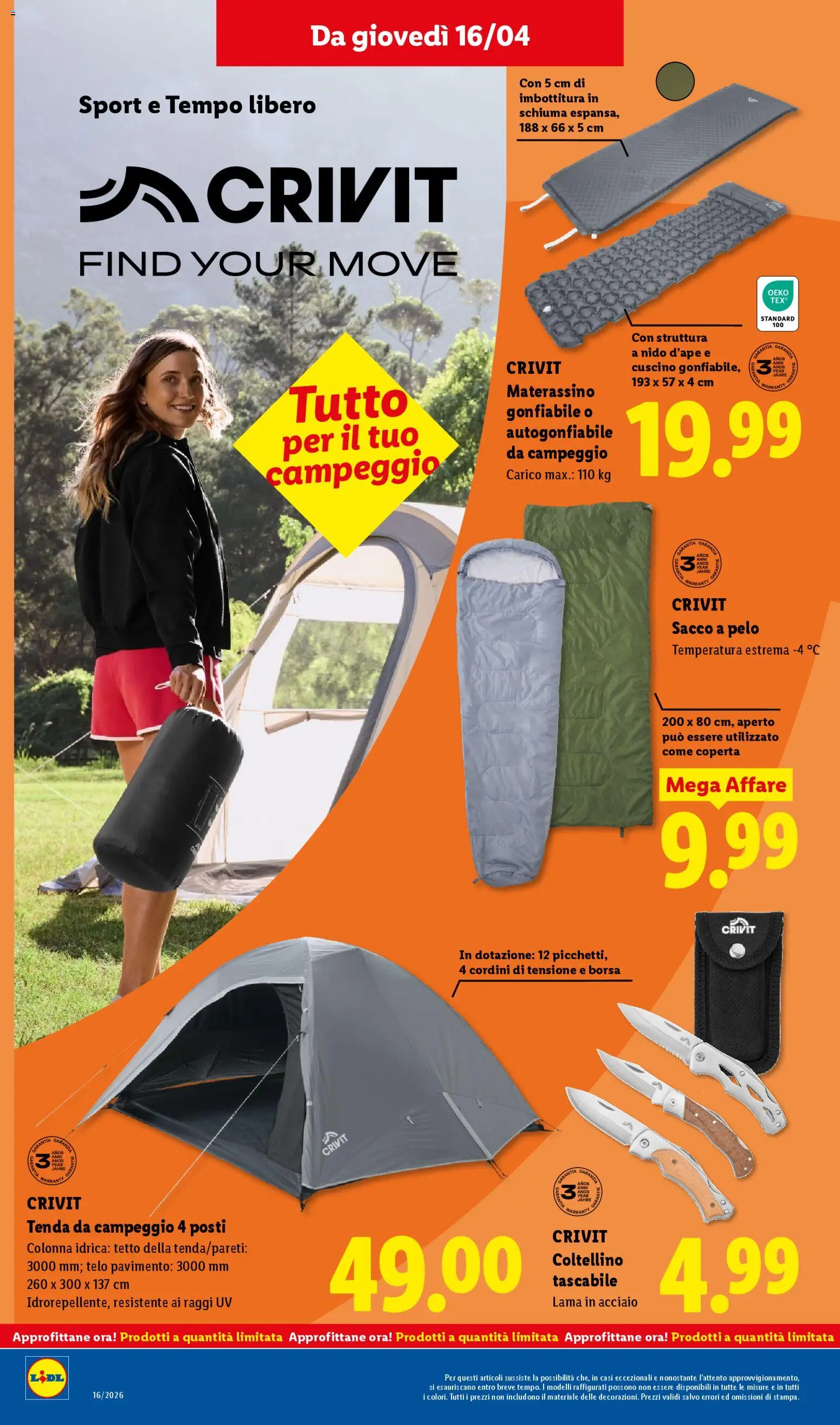 Volantino Lidl del 16.04.2026 | Pagina: 24 | Prodotti: Materassino gonfiabile, Sacco a pelo, Cuscino, Coperta