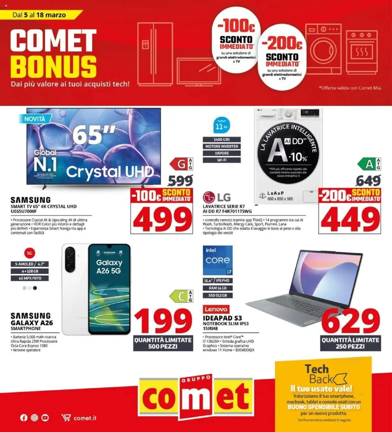 Volantino Comet del 05.03.2026 | Pagina: 1 | Prodotti: Samsung Galaxy, smart TV, Lavatrice, Batteria