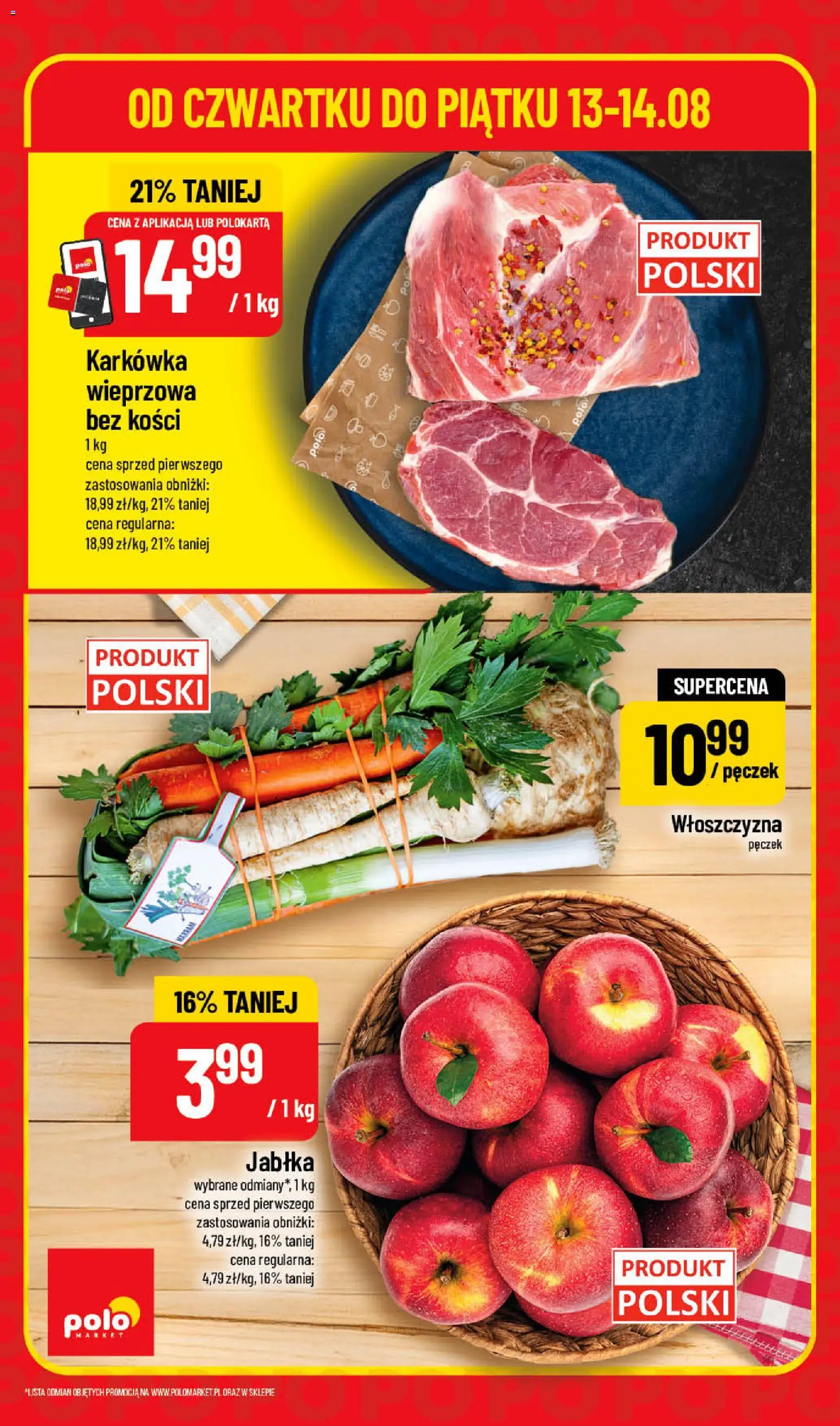 Nowa POLOmarket gazetka od jutra 13.08.2026 | Strona: 2 | Produkty: Karkówka, Karkówka wieprzowa, Włoszczyzna, Jabłka