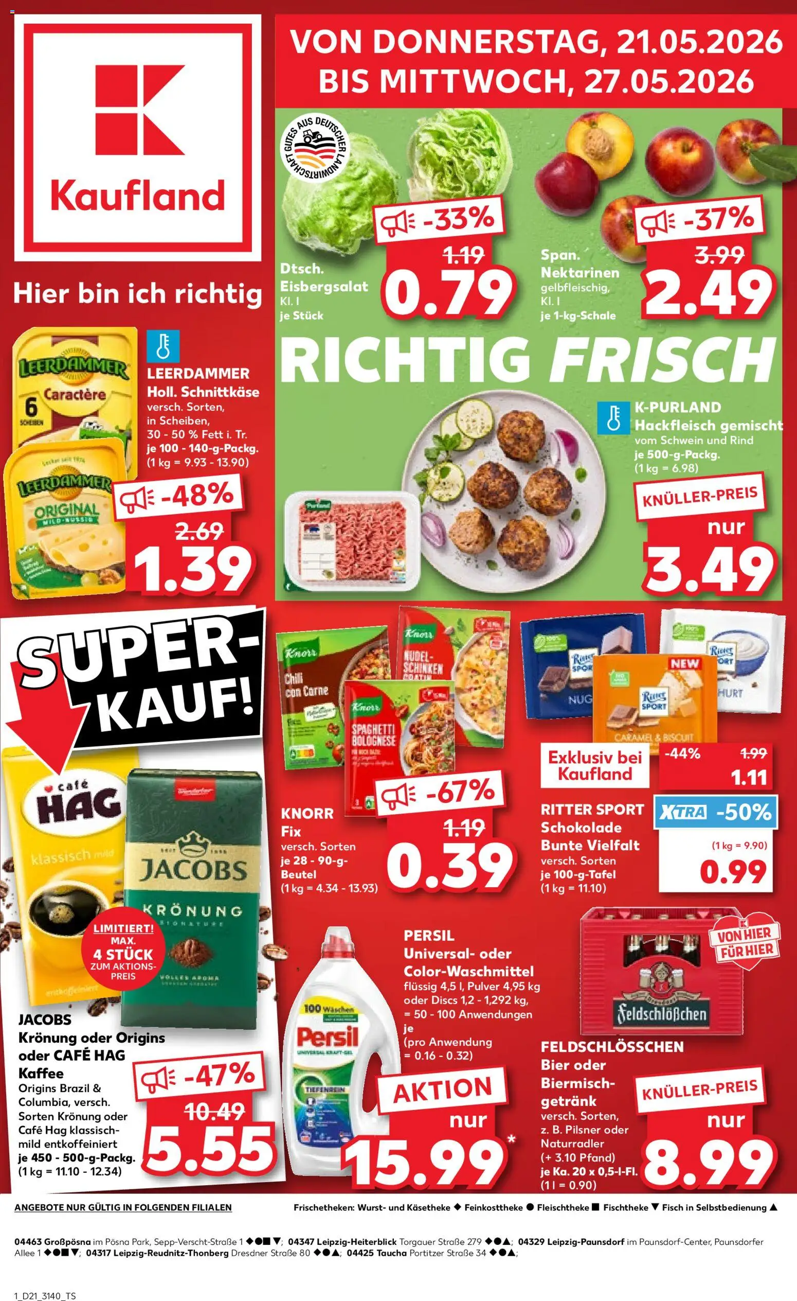 Kaufland Prospekt Leipzig	 – gültig ab 21.05.2026 | Seite: 1 | Produkte: Schokolade, Bier, Leerdammer, Persil