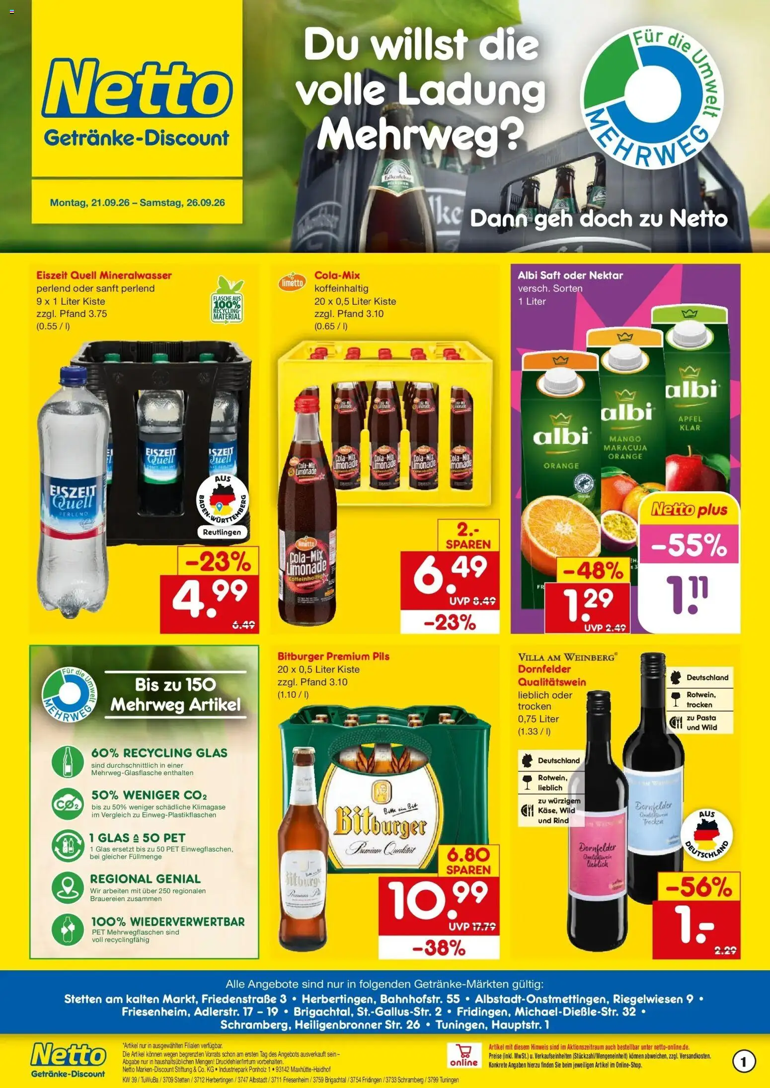 Netto Marken-Discount Prospekt Albstadt-Onstmettingen – gültig ab 21.09.2026 | Seite: 1 | Produkte: Pils, Mineralwasser, Mango, Pasta