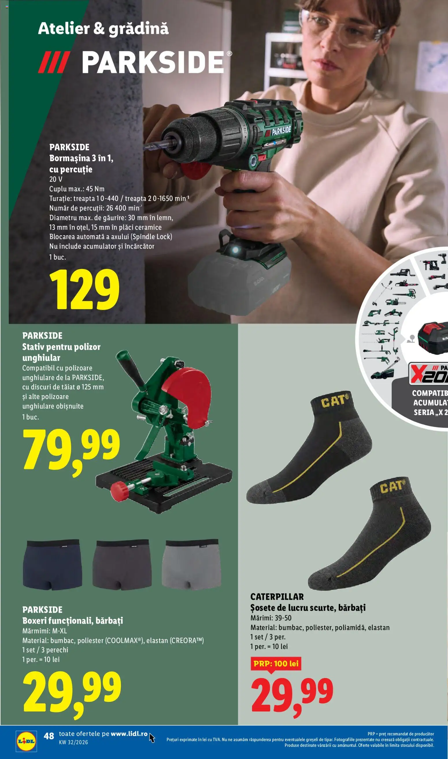 Noul catalog Lidl – valabil de la 03.08.2026 | Pagină: 48 | Produse: Încărcător, Polizor, Șosete, Boxeri