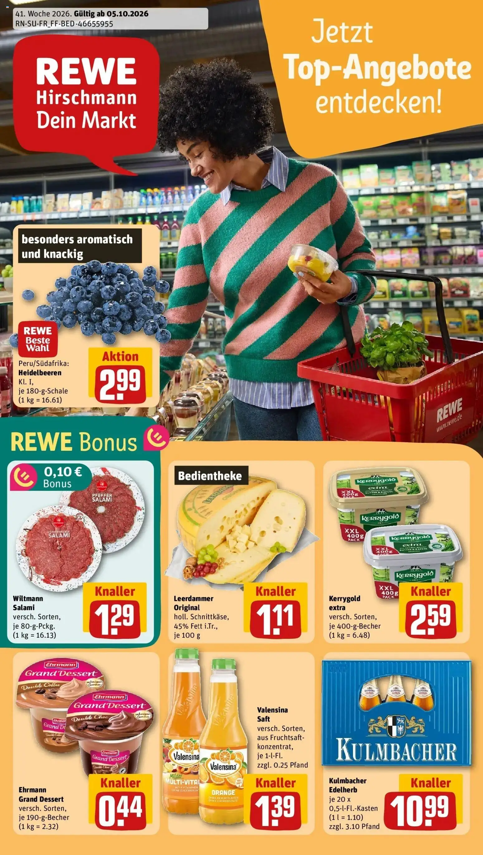 REWE Prospekt ab 05.10.2026 zum Blättern » Angebote | Seite: 1 | Produkte: Ehrmann grand dessert, Salami, Saft, Fruchtsaft