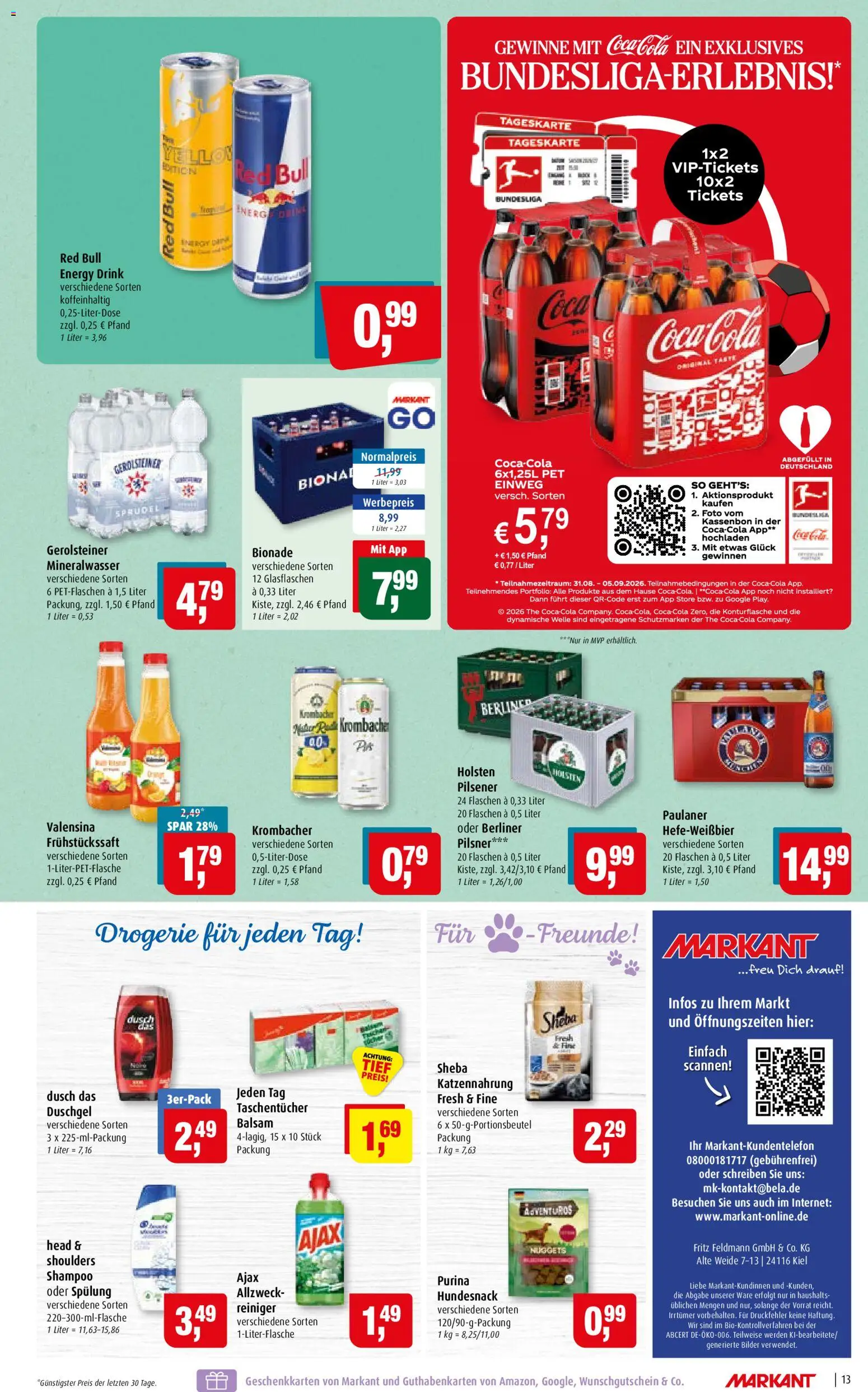 Markant Prospekt – gültig ab 31.08.2026 | Seite: 13 | Produkte: Berliner, Coca cola, Valensina, Gerolsteiner