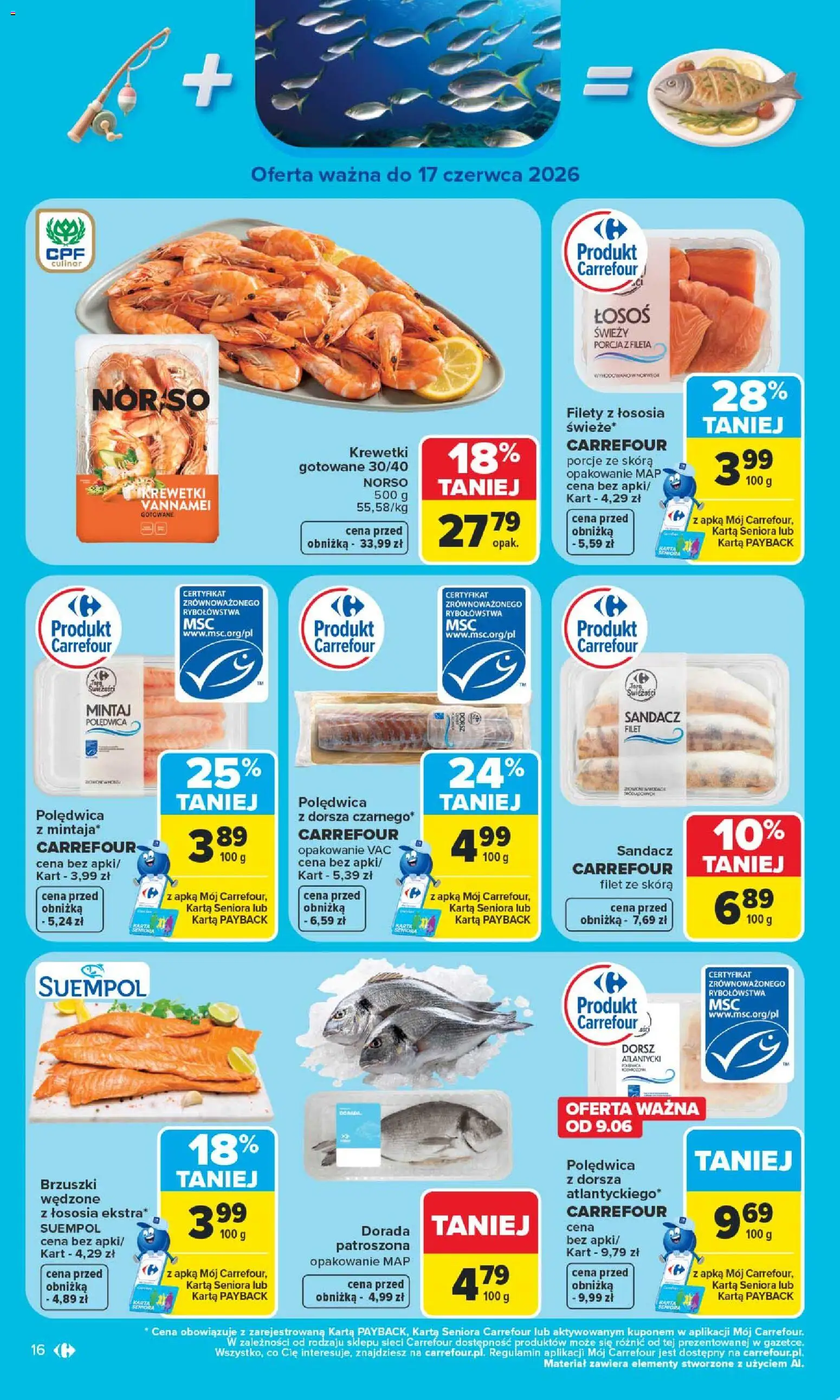 Carrefour gazetka od 08.06.2026 | Strona: 18 | Produkty: Krewetki, Dorsz atlantycki, Sandacz, Dorsz
